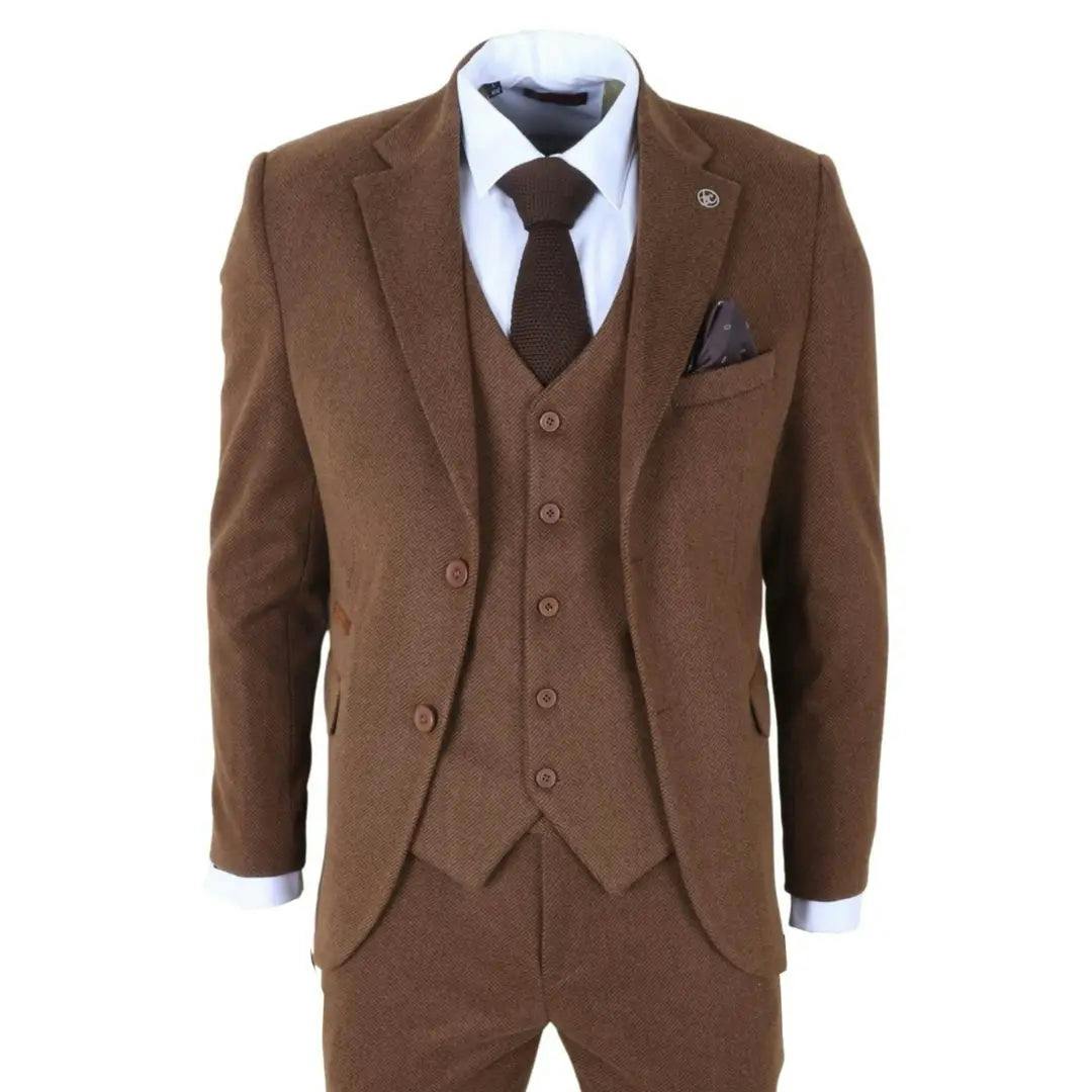 Truclothing Men's Brown Im42 - 3 Piece Tweed Herringbone Suits - 44" Jacket 38" Trousers