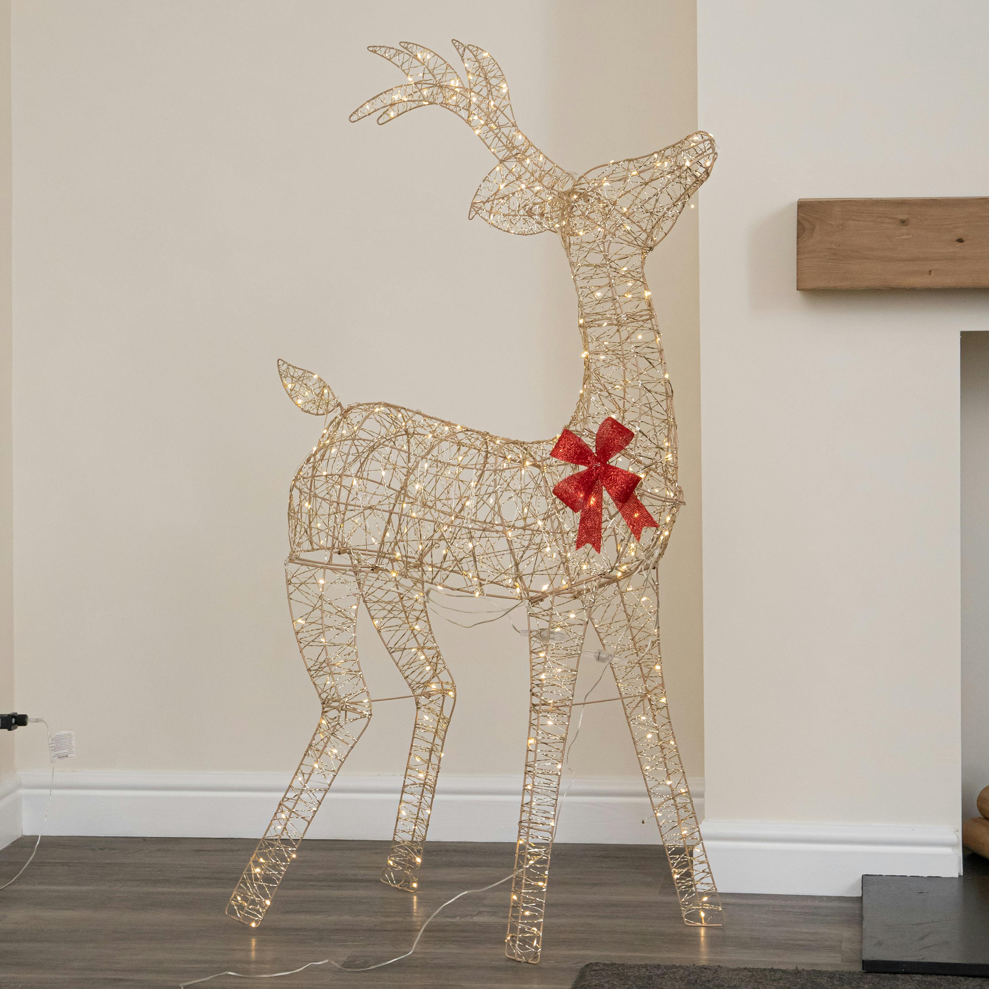 Rackhams Light/Gold/White 1.3M Up Twist Christmas Standing Reindeer With 300 Warm Leds