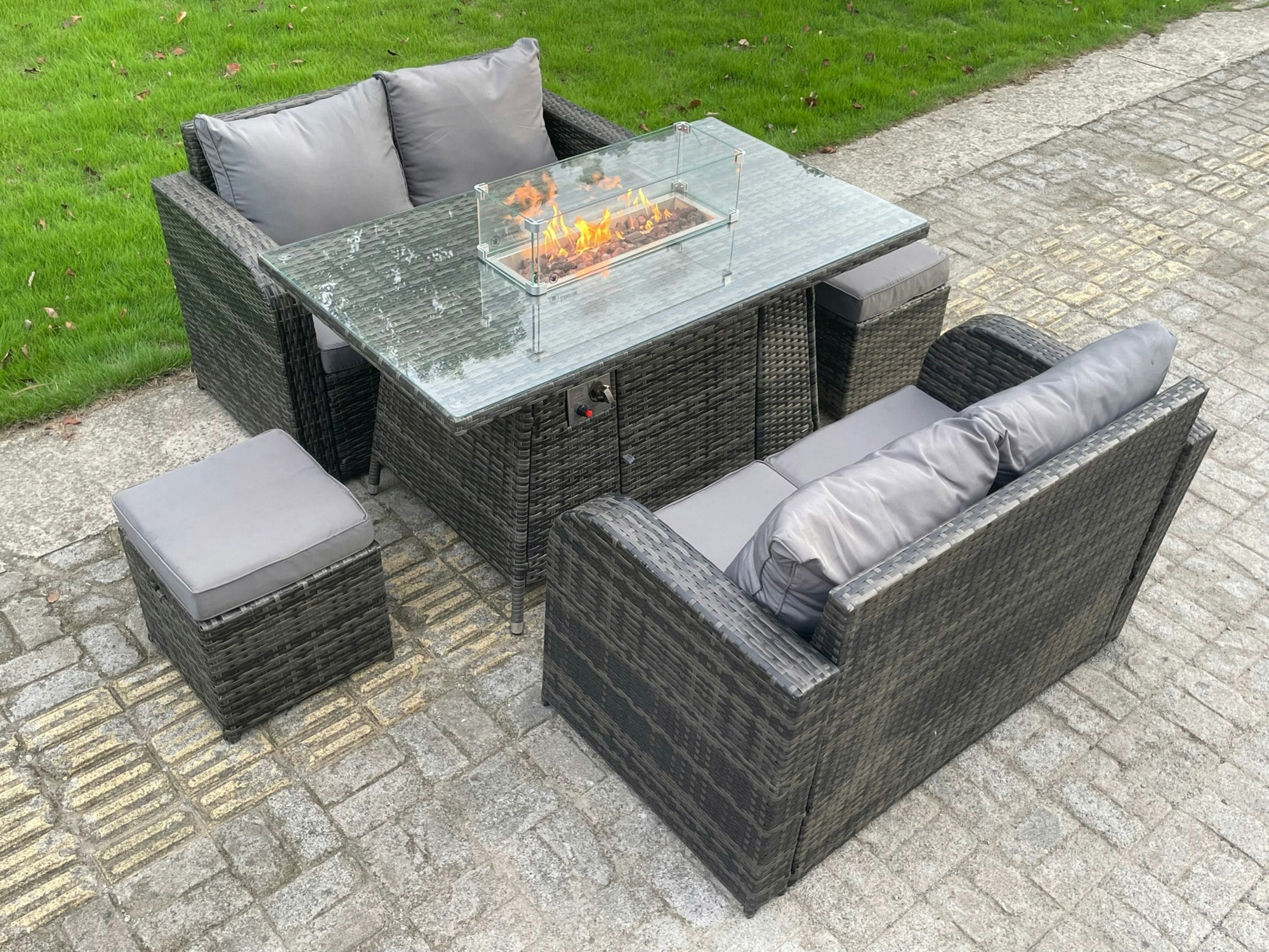 Fimous Dark/Grey Rattan Outdoor Furniture Gas Fire Pit Rectangle Dining Table Gas Heater Love Sofa Small Footstools Sets 6 Seater