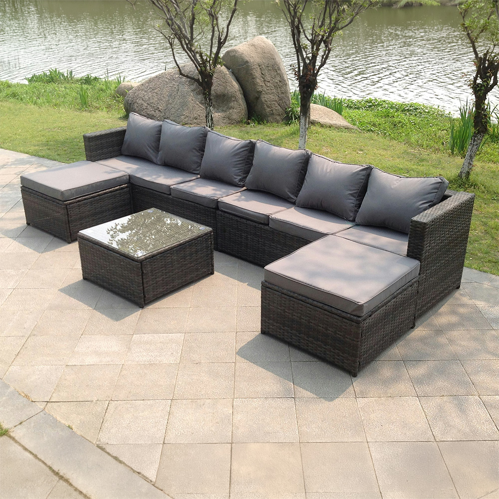 Rackhams Dark/Grey 8 Seater Rattan Sofa Set With 2 Footstools & Coffee Table