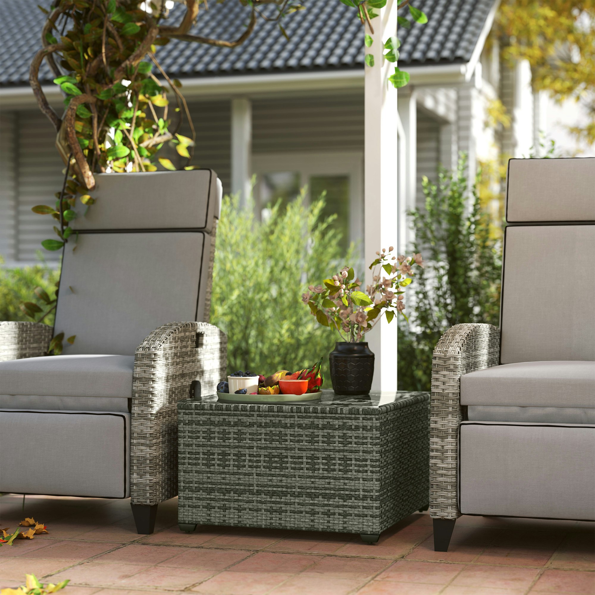 Rackhams Dark/Grey/Light Outdoor Coffee Table With Glass Top, Rattan Side Table, - Pe Rattan, Glass - 62L X 62W X 38Hcm