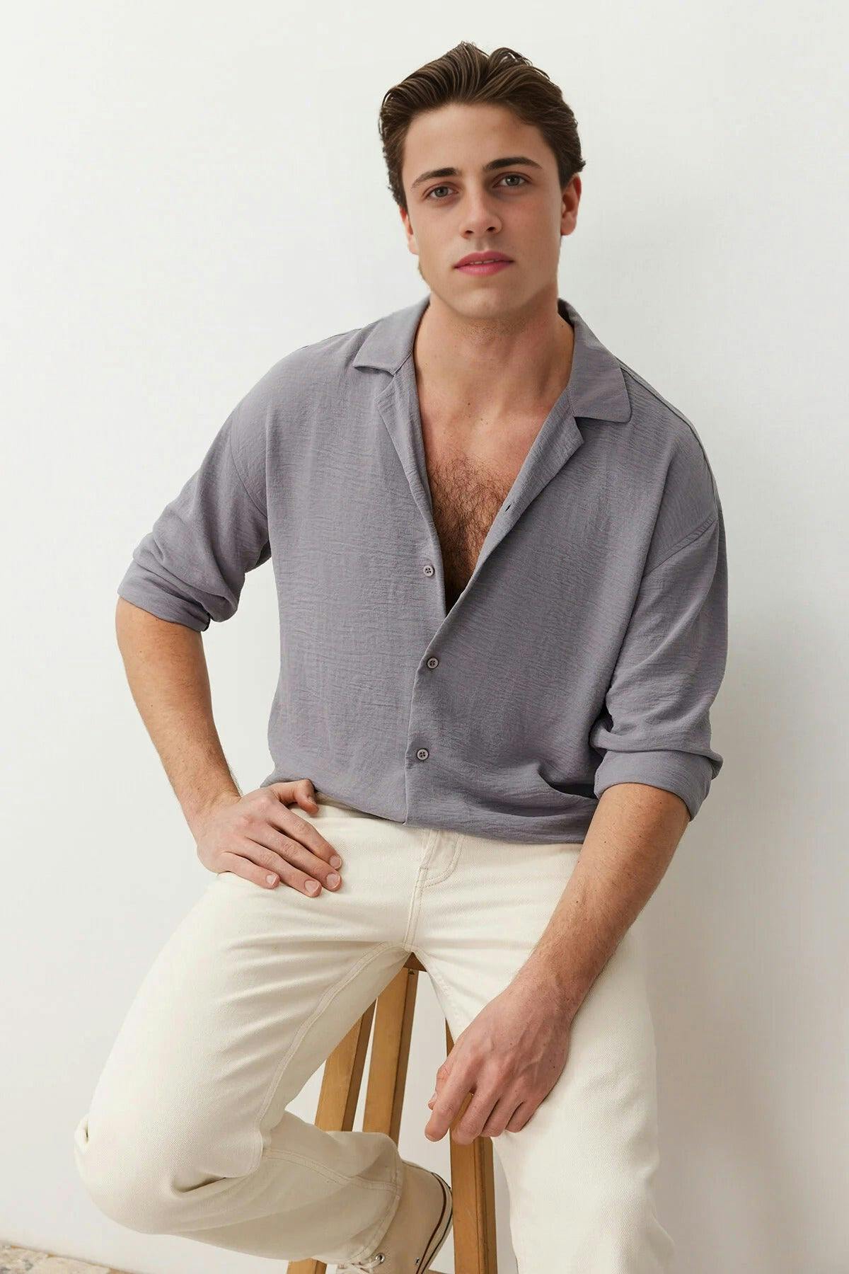 Wovcor Men's Grey Oversize Fit Open Collar Linen Look ’S Shirt - S