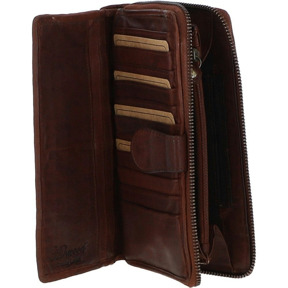 Ashwood Vintage Woven Leather Zip Around 22 Card Coin Note Purse - One Size - Cognac - Leather