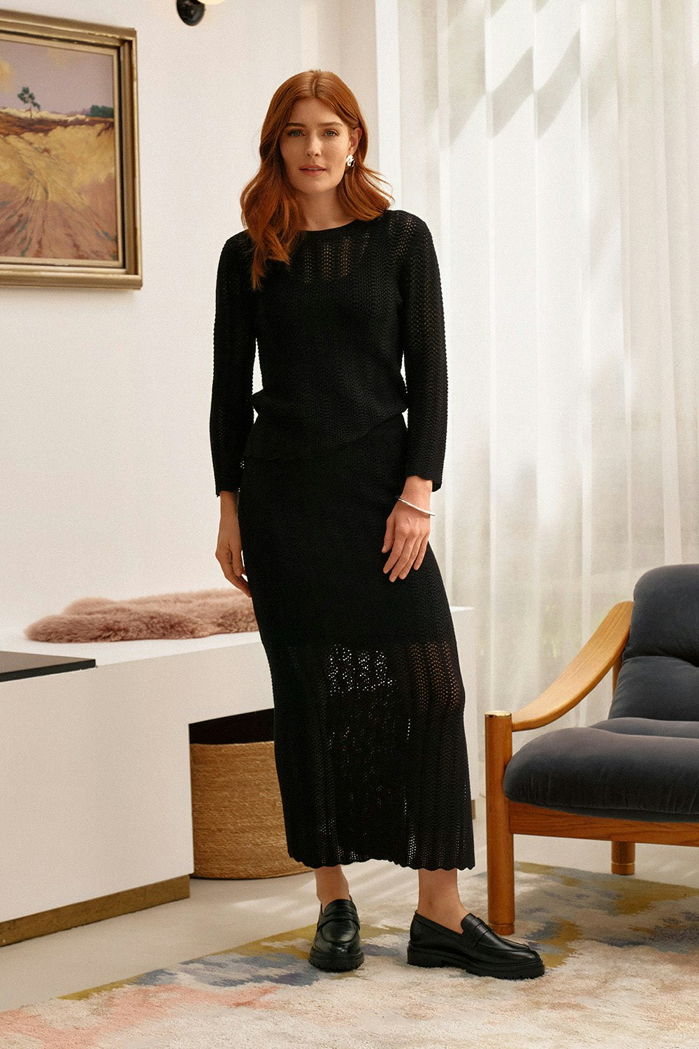 Izabel London Black High Waist Crochet Knit Midi Skirt - 8
