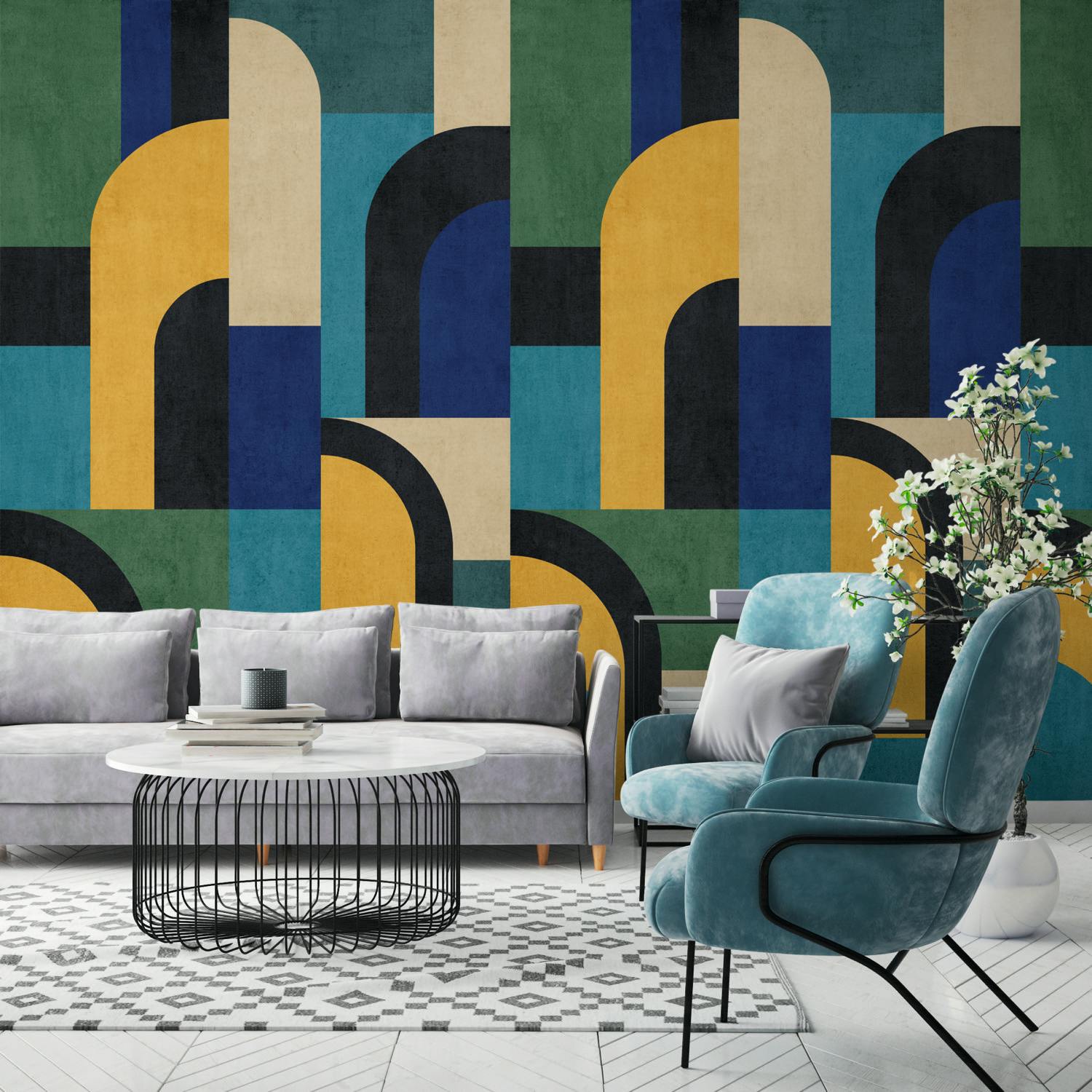 Grandeco Blue Geo Modernist Shapes 3 Lane Repeatable Wallpaper Mural 1.59 X 2.8M,