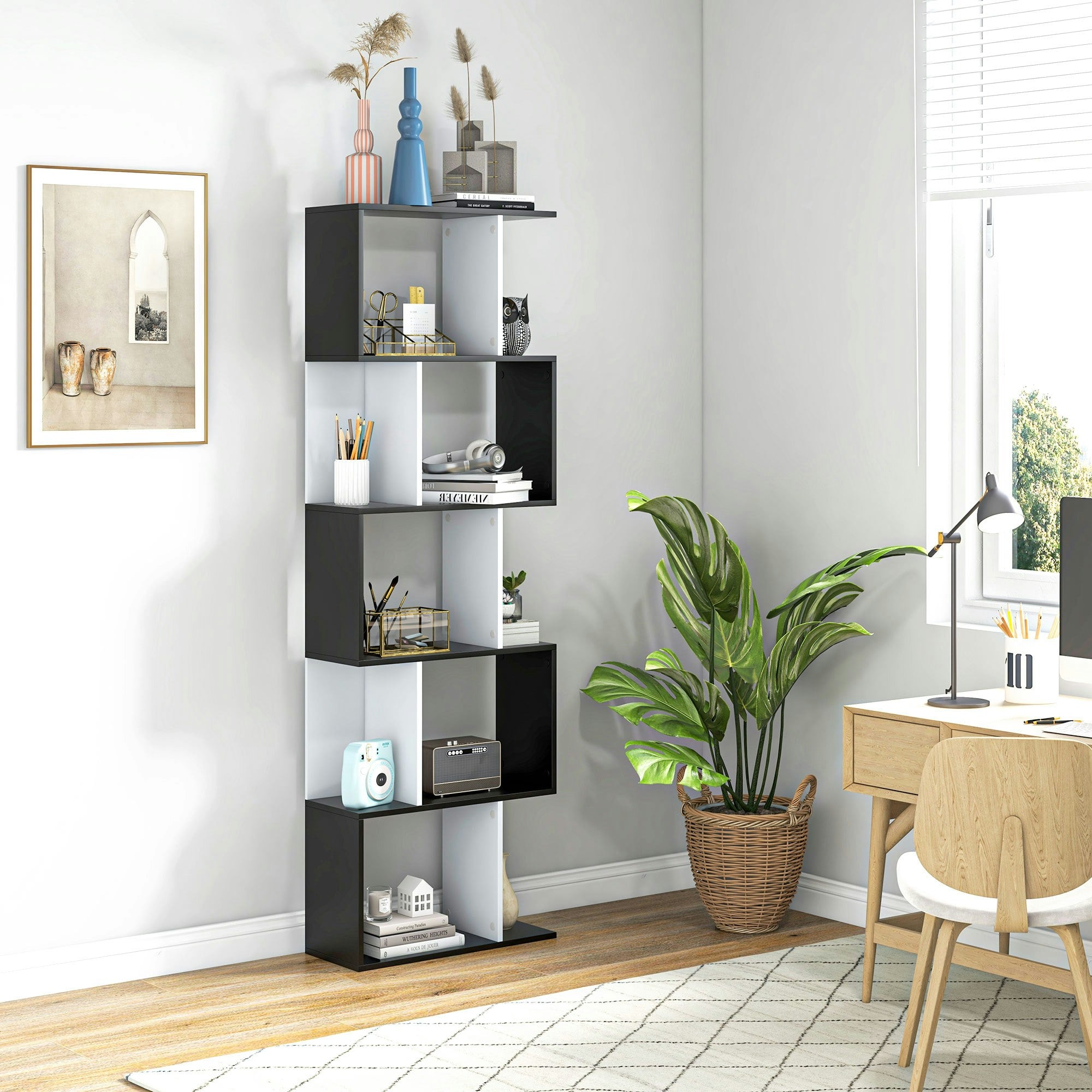 B&Q - 5-Tier Bookcase Storage Display Shelving S Shape Design Unit Black - Image 2