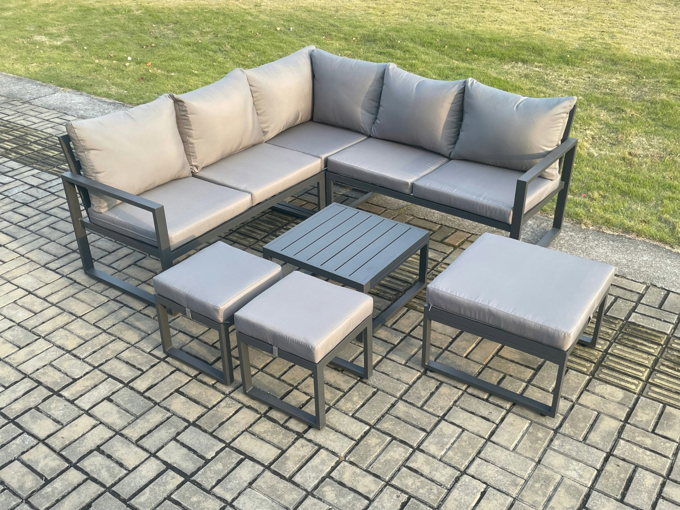 Rackhams Dark/Grey Outdoor Garden Furniture Set Aluminium Lounge Sofa Square Coffee Table Sets With 3 Footstools Indoor Conservatory Set
