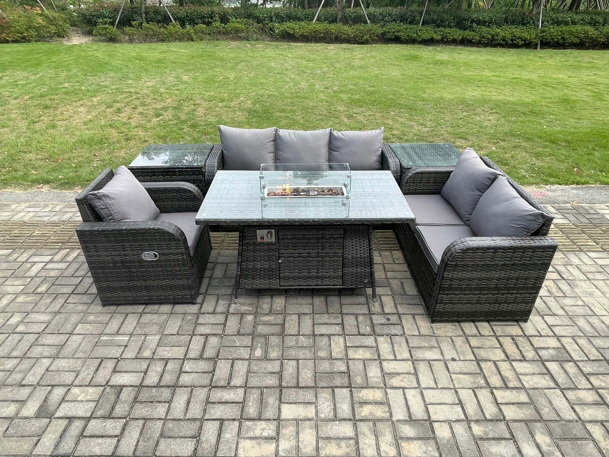 Fimous Dark/Grey Garden Patio Furniture Wicker Rattan Gas Fire Pit Table And Sofa Chair Set With 2 Side Tables