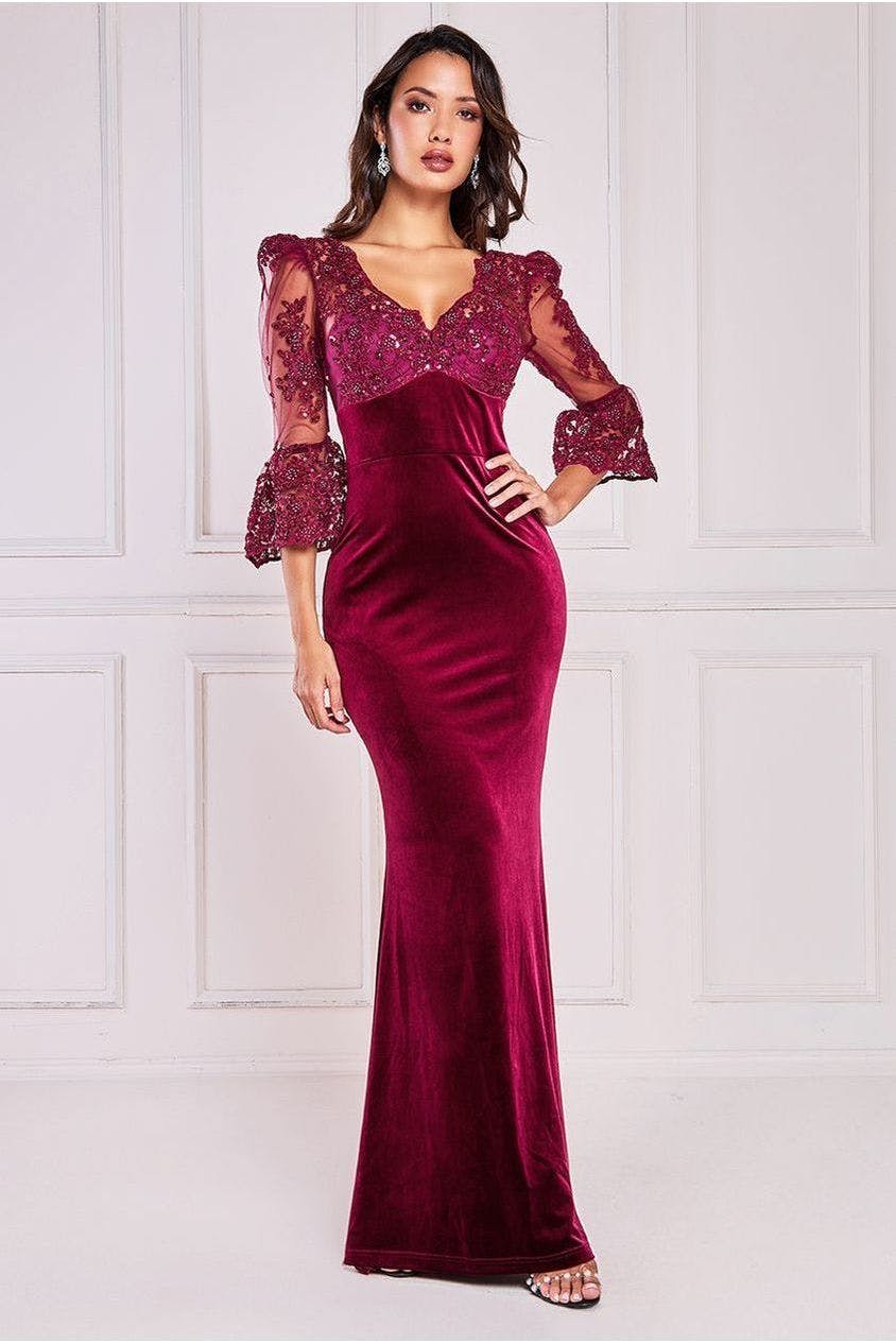 Goddiva Burgundy Scalloped Lace & Velvet Maxi Dress - By - 8
