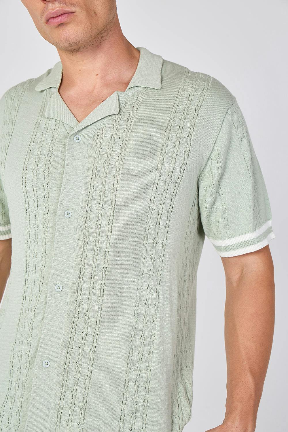 F.f.f.g Men's Green Sage Textured Knitted Button-Through Polo Shirt - Pistachio - Xxl