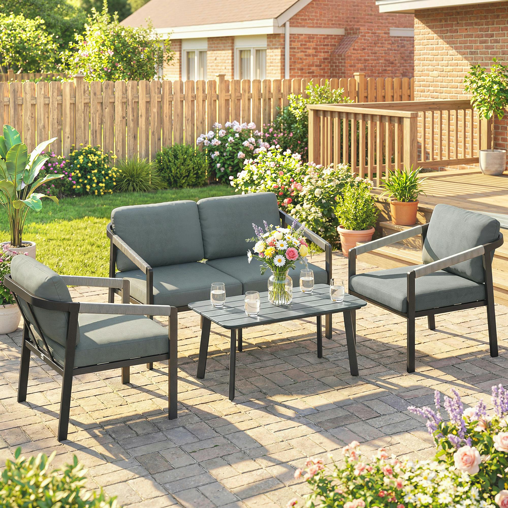 Rackhams Black 4 Seater Aluminium Garden Furniture Set, Outdoor Patio Furniture - 266 Cm - Aluminium, Plastic Wood, Polyester