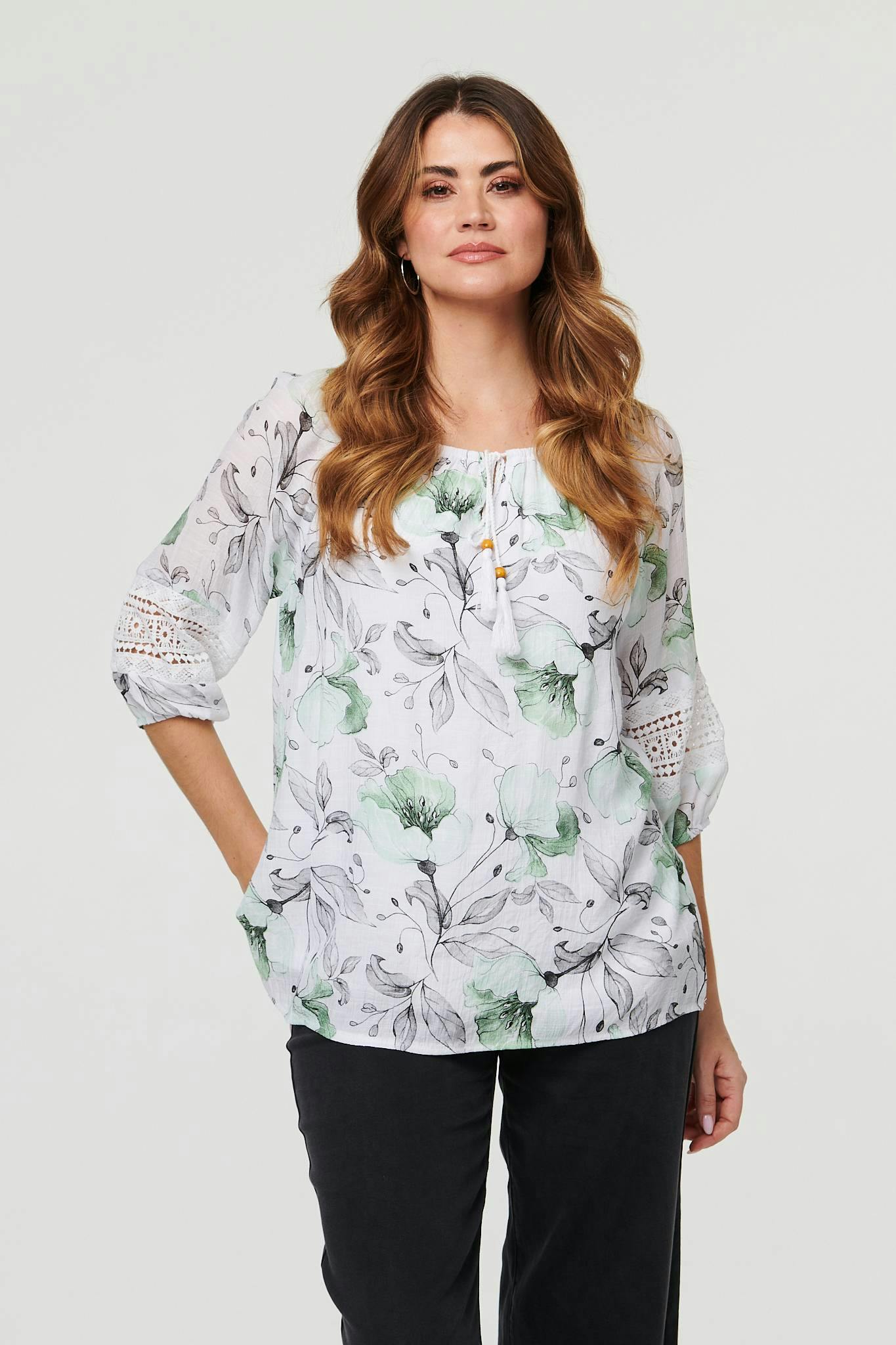 Izabel London Green Floral Lace Tie Front Relaxed Blouse - 18