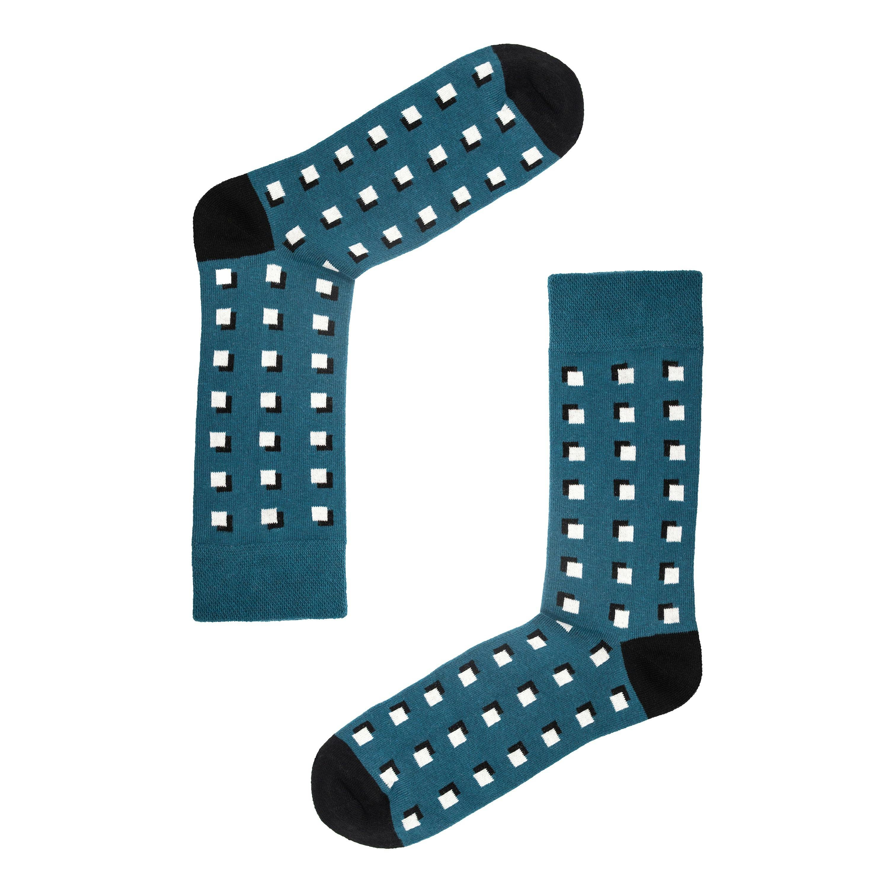 Jemsox Men's Dark/Cyan Square Geo Organic Cotton Socks | Soft Fit With Comfort Welt - Large / Eur 43-46 / Uk 9-12