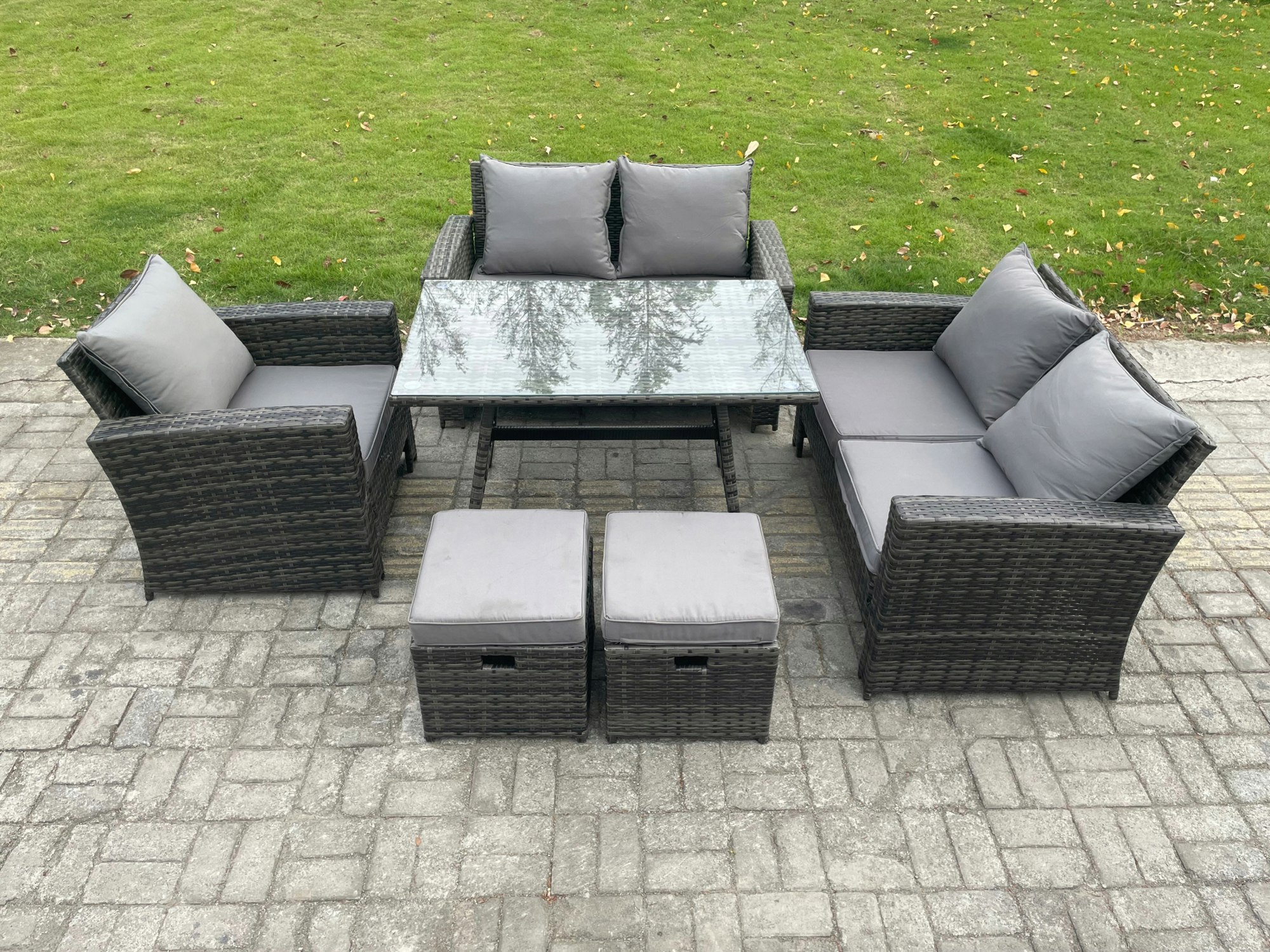 Rackhams Dark/Grey Wicker Pe Rattan Garden Dining Set Outdoor Furniture Sofa With Rectangular Dining Table Love Seat Sofa 2 Small Footstools Mixed