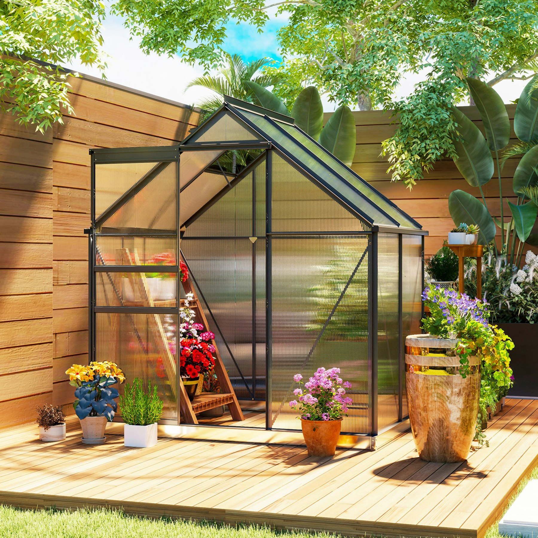 Rackhams Silver/Grey Polycarbonate Walk-In Garden Greenhouse W/ Sliding Door Tone - 192.5W X 131D X 200H Cm