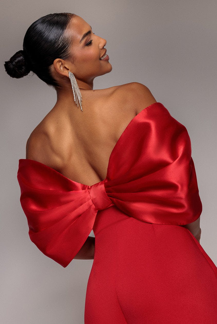 Goddiva Women's Red Off Shoulder Back Satin Bow Scuba Mini Dress - By Size 12 - Image 2