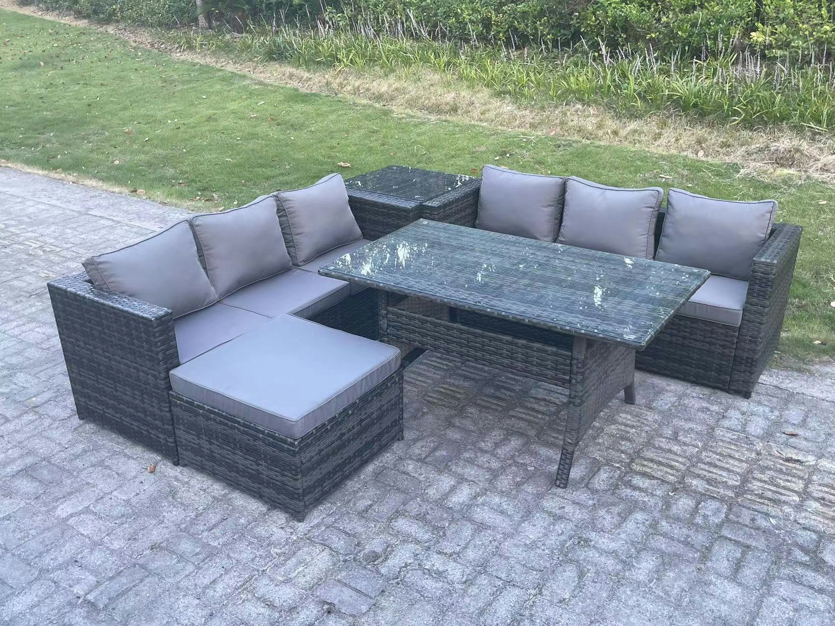 Fimous Dark/Grey Pe Wicker Outdoor Garden Furniture Set Patio Rattan Rectangular Dining Table Lounge Sofa With Big Footstool Side Table 7 Seater Mixed