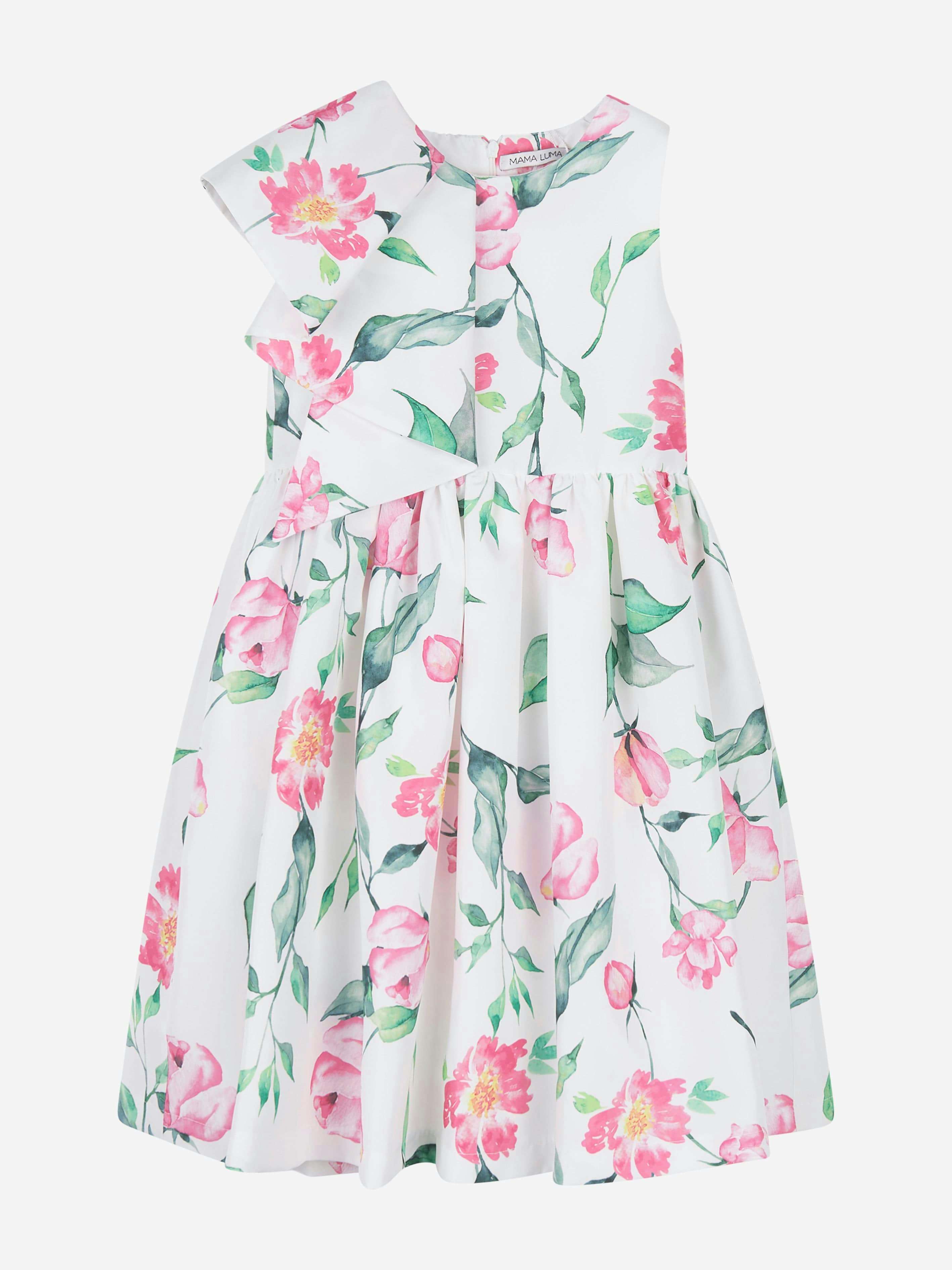 Mama Luma Girls White Ruffle Floral Print Dress In - 11 - 12 Yrs