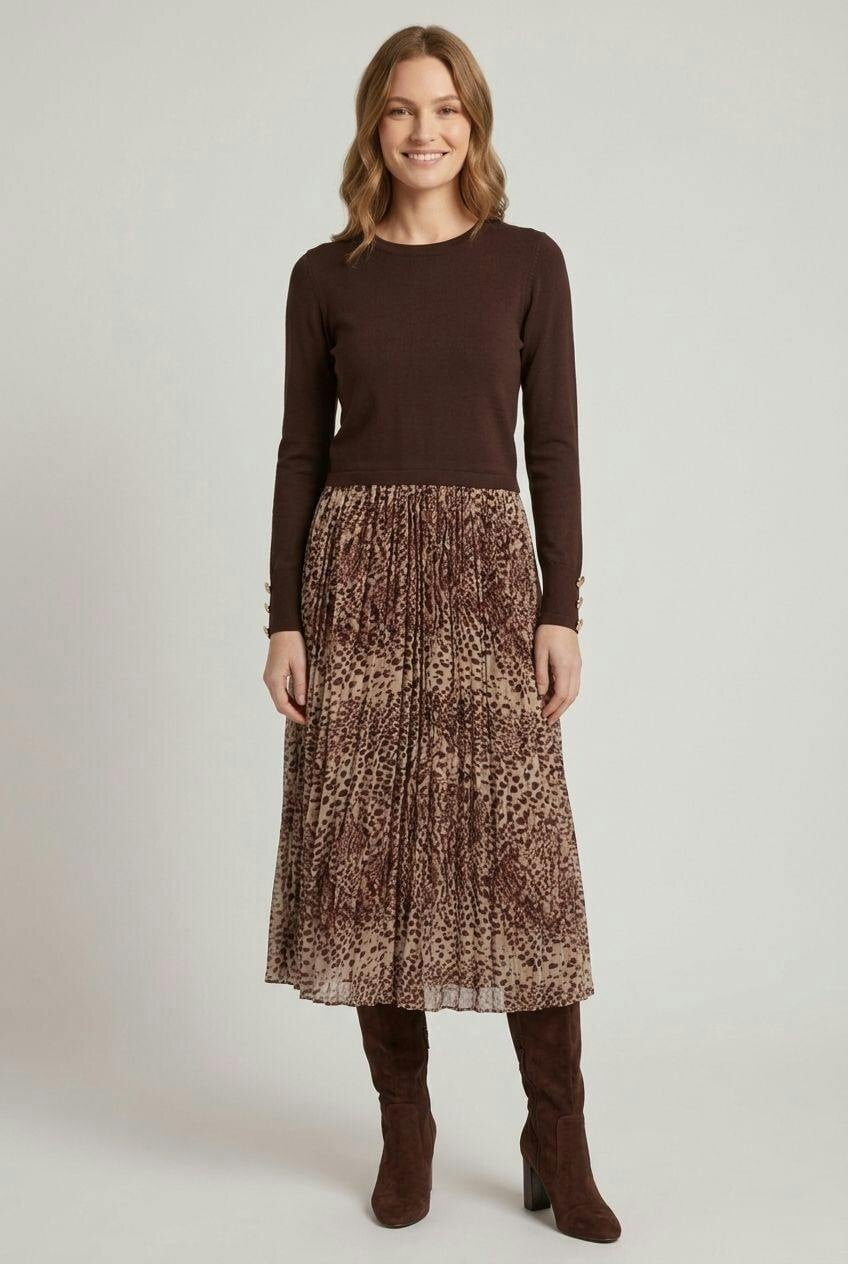 Izabel London Brown Animal Print Pleated Midi Dress - 12