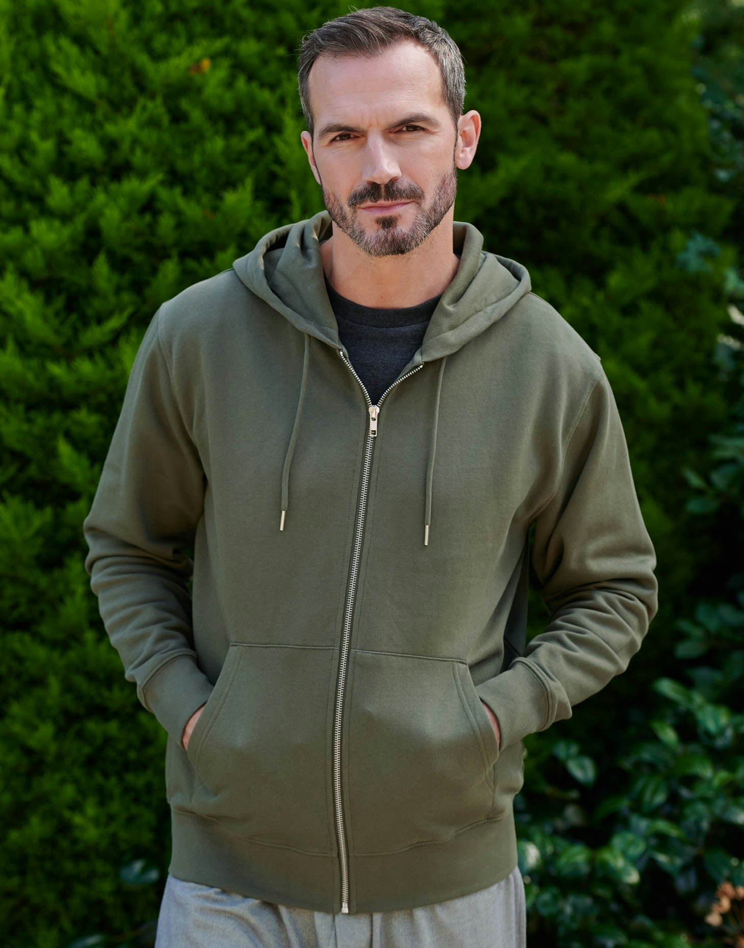 British Boxers Men's Organic Cotton Zip-Up Hoodie – Khaki - Large