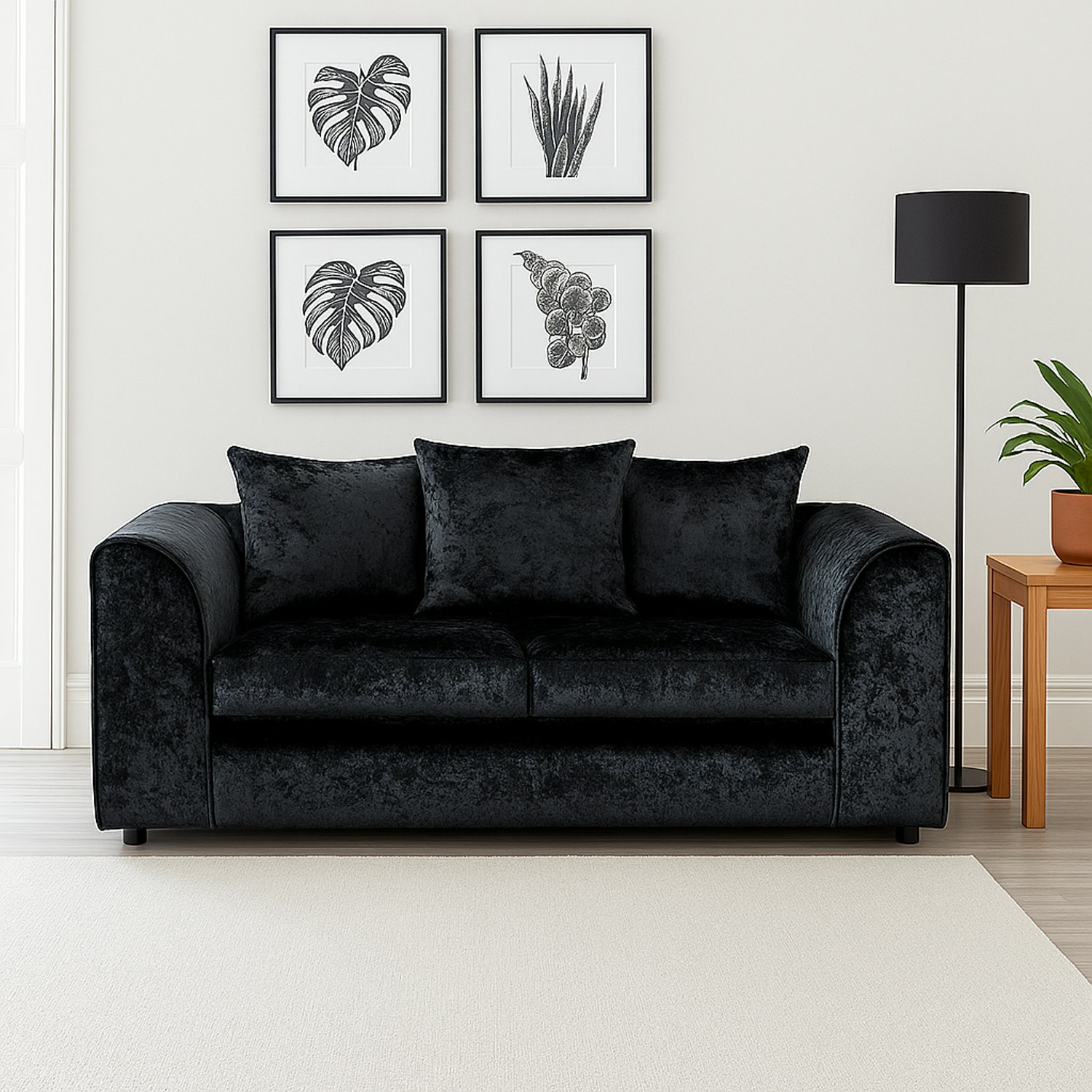 Furnishings For Less Black Crystal Crushed Velvet 2 Seater Sofa Scatter Back
