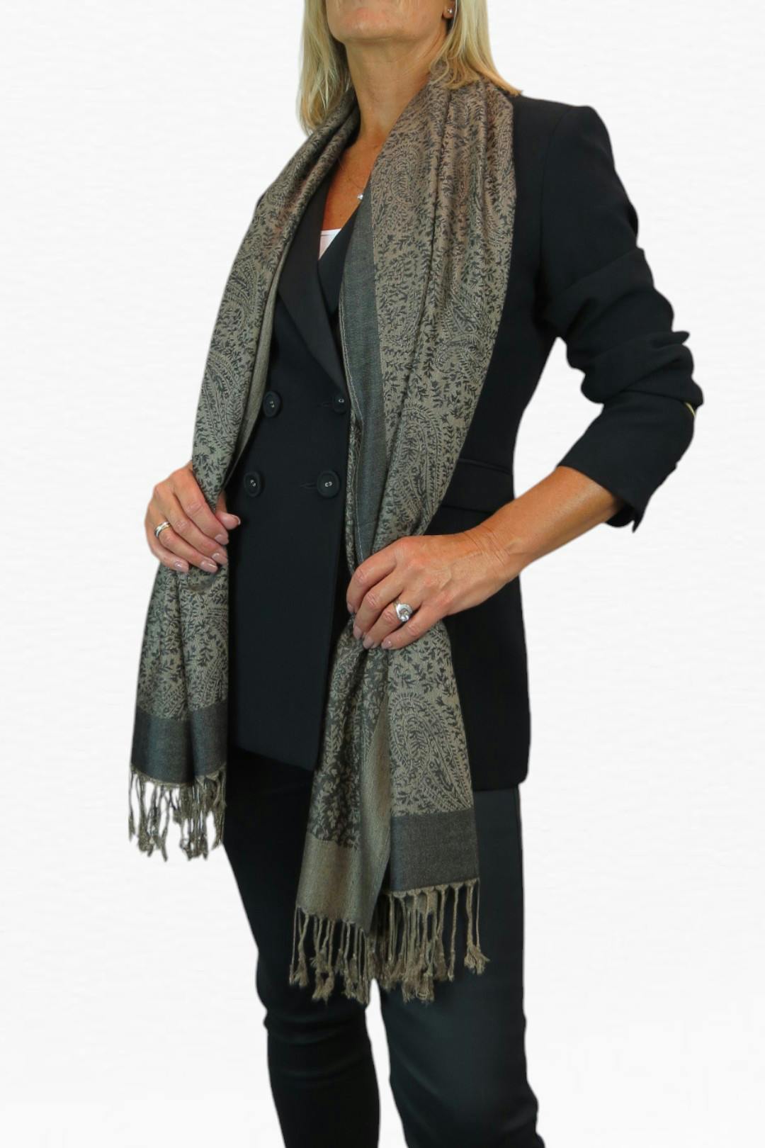 Paulo Due Black Paisley Jacquard Fine Pashmina Shawl Wrap