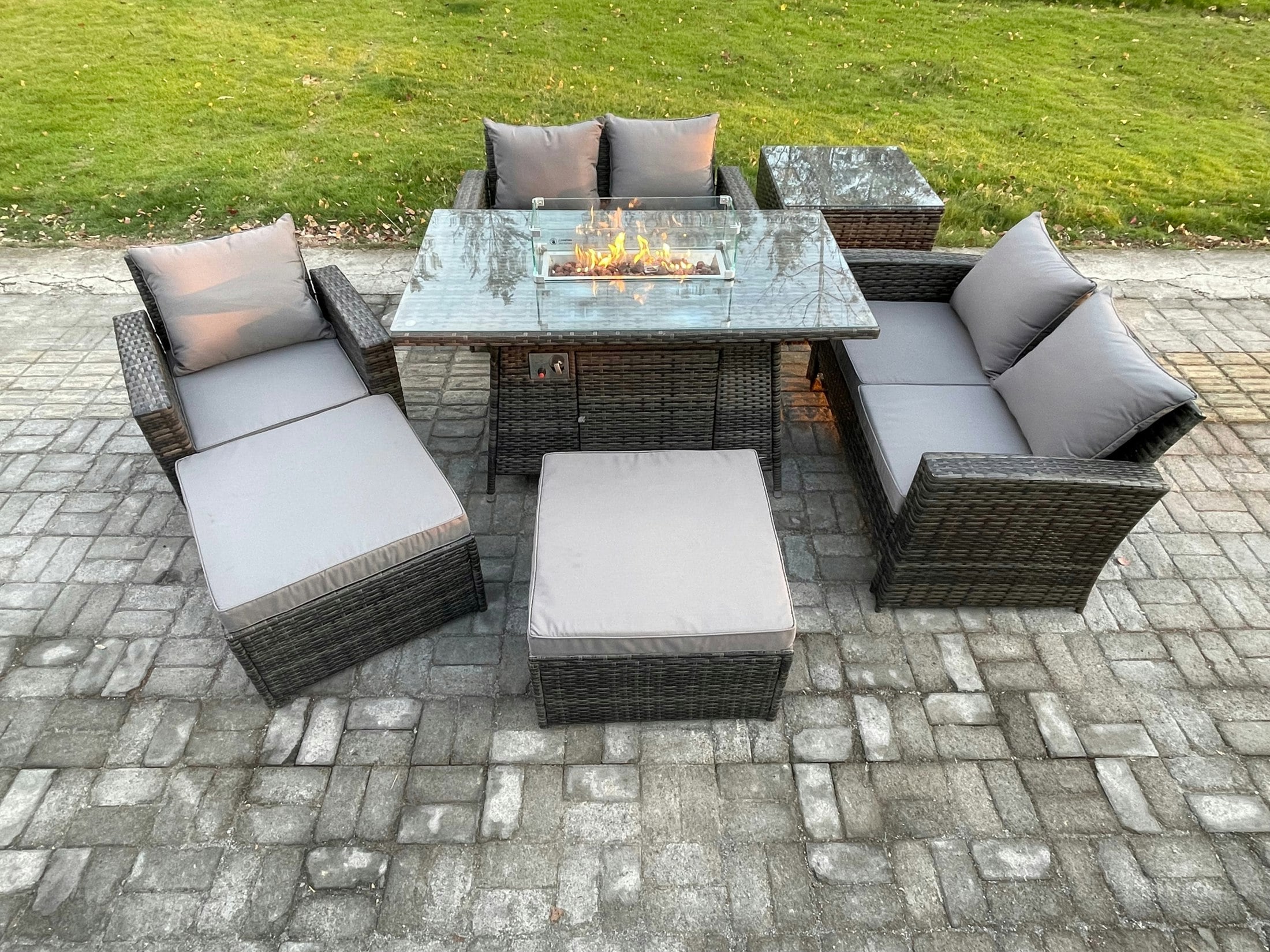 Rackhams Dark/Grey 7 Seater Rattan Outdoor Garden Furniture Gas Fire Pit Table Sets Gas Heater With Love Sofa Armchair 2 Big Footstool Side Table Mixed