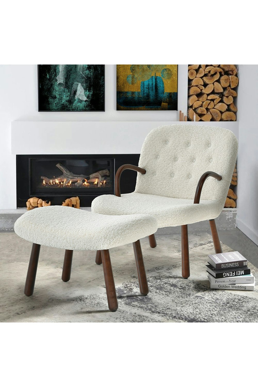 Living And Home White Netural Bouclé Armchair And Footstool Set With Wooden Legs