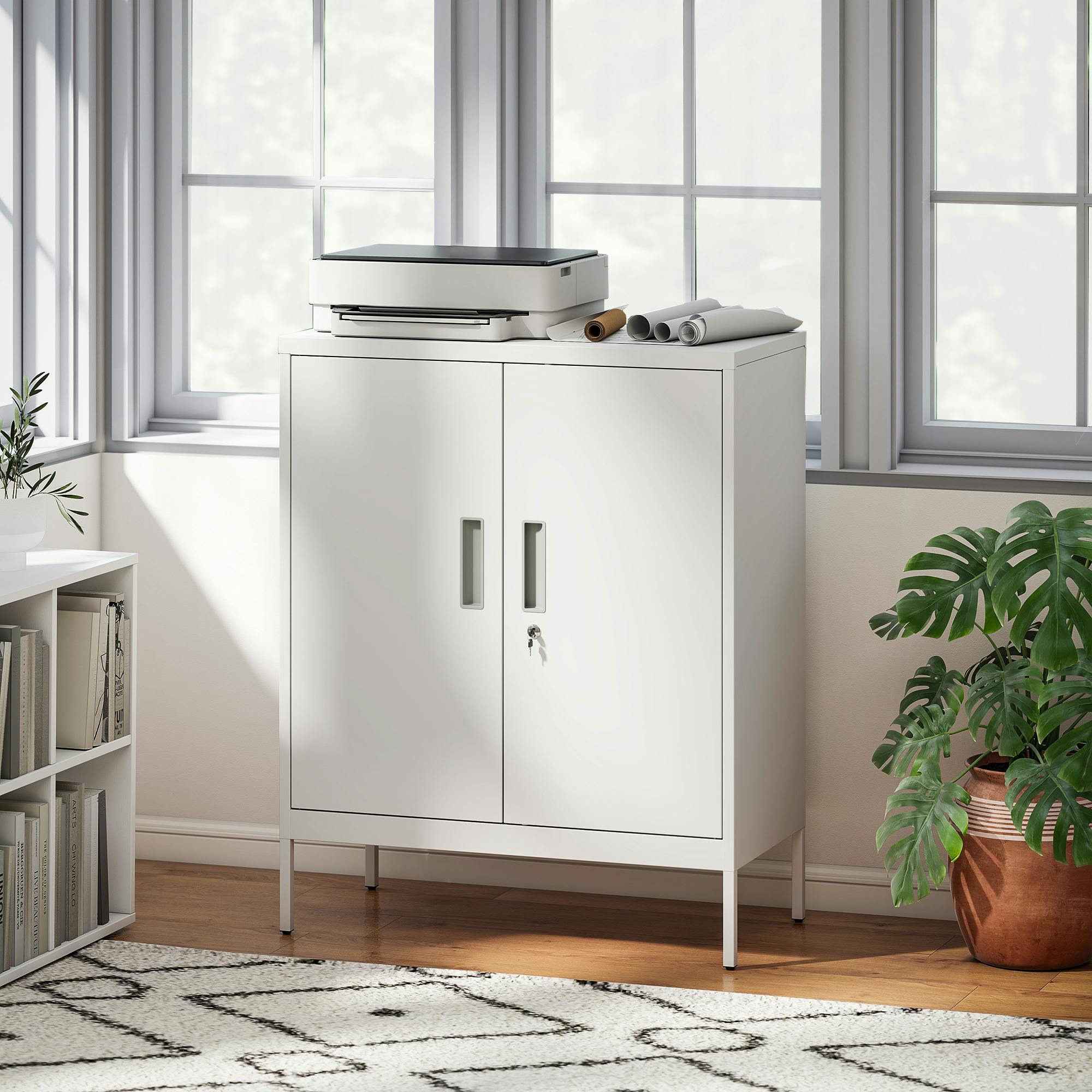 Rackhams White Metal Storage Cabinet With Lock For Home Office, Garage, Study