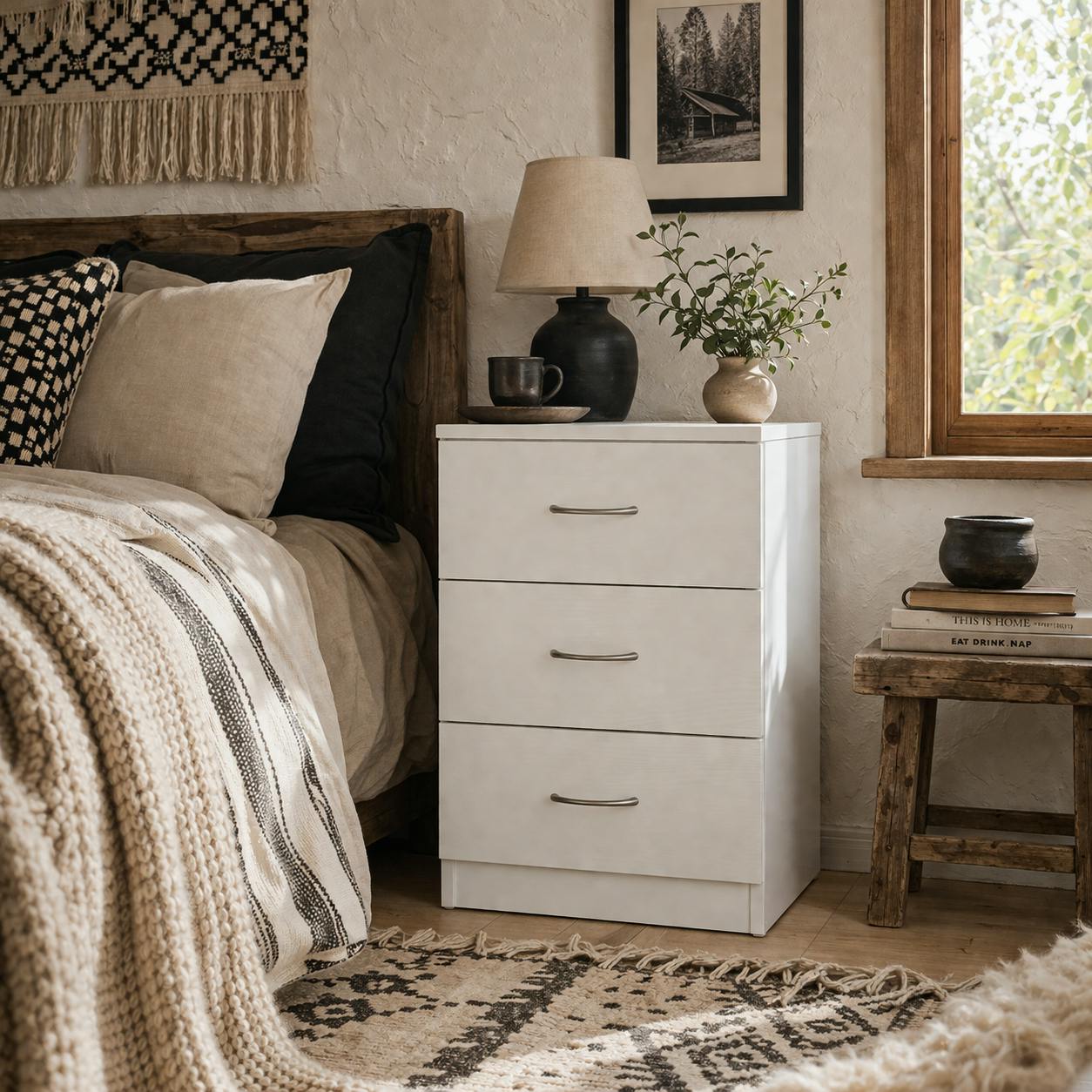 Wyld Haus White/Silver Yotose Wood 3 Drawer Bedside Table With Metal Handles