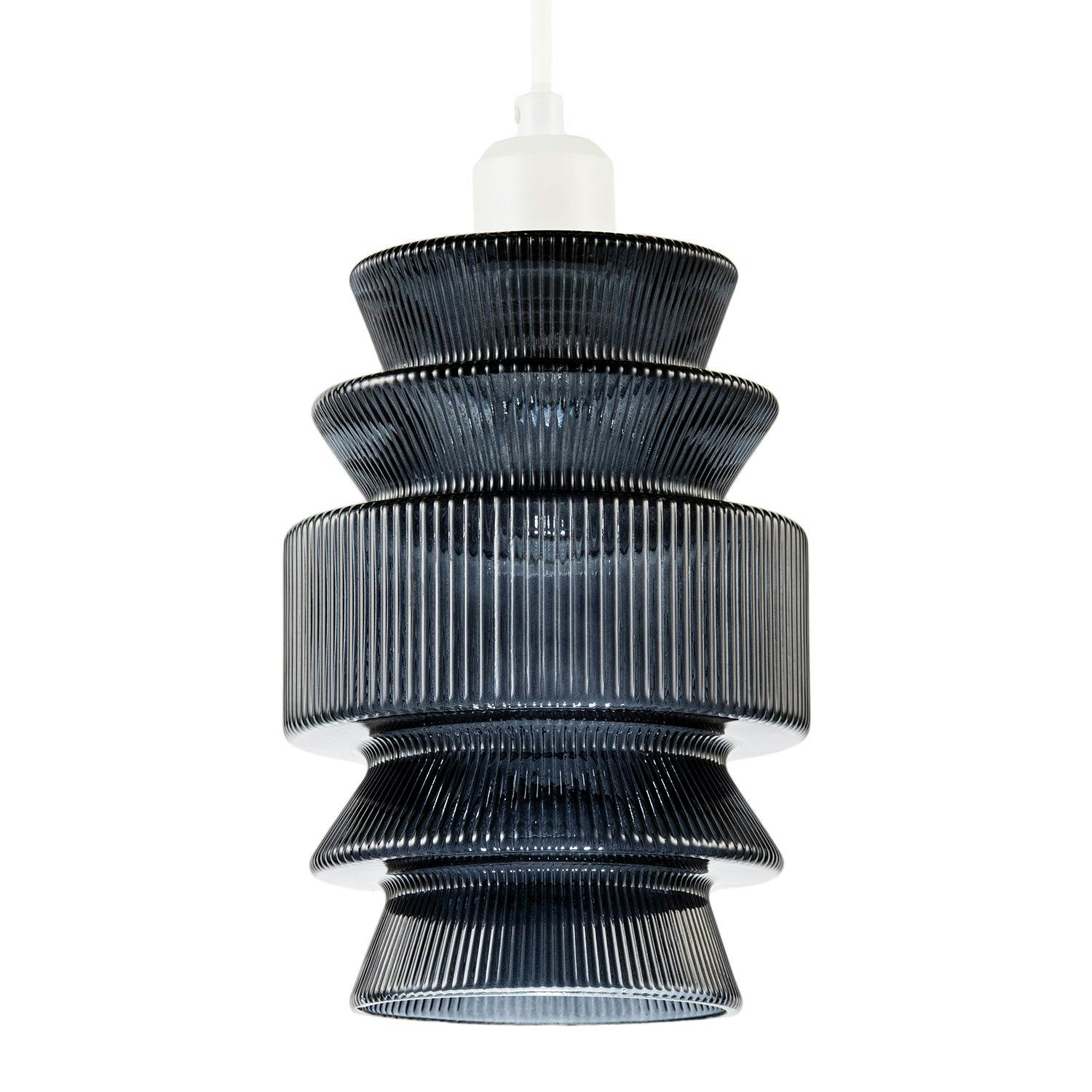 Rackhams Light/Grey Smoked Ribbed Glass Pendant Lamp Shade With Stacked Multi-Tiered Shape