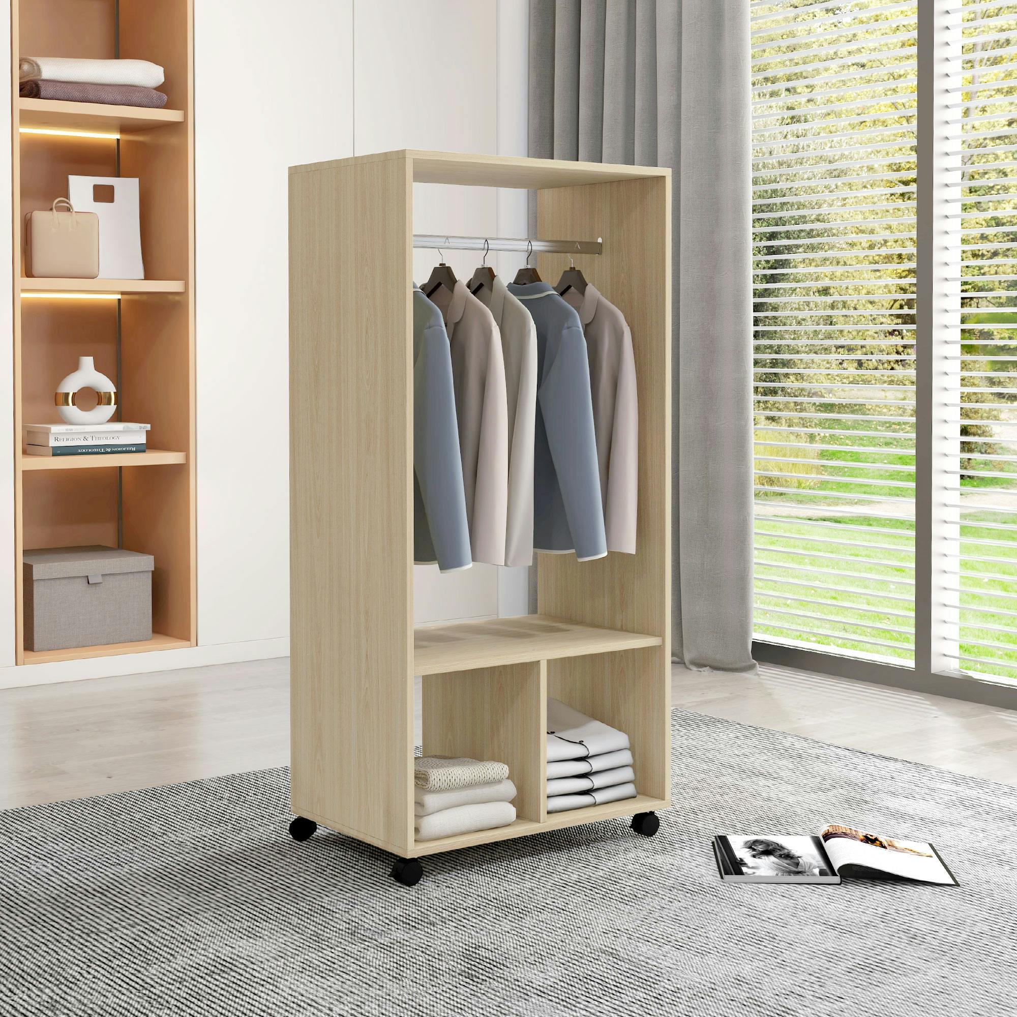 Homcom Open Wardrobe Clothes Rail Bedroom Clothes Storage Rod Shelves Natural