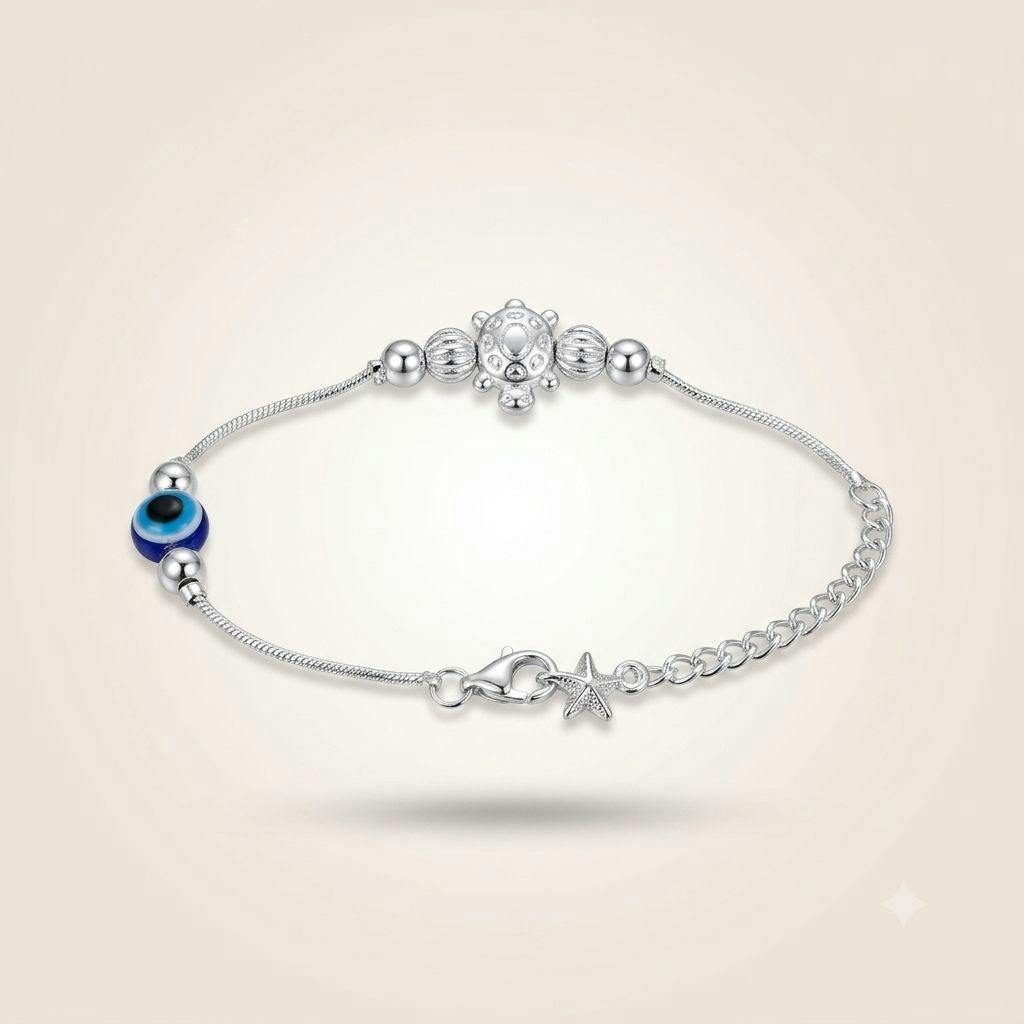 The Colourful Aura Silver Plated Evil Eye Turtle Anklet With Star Charm