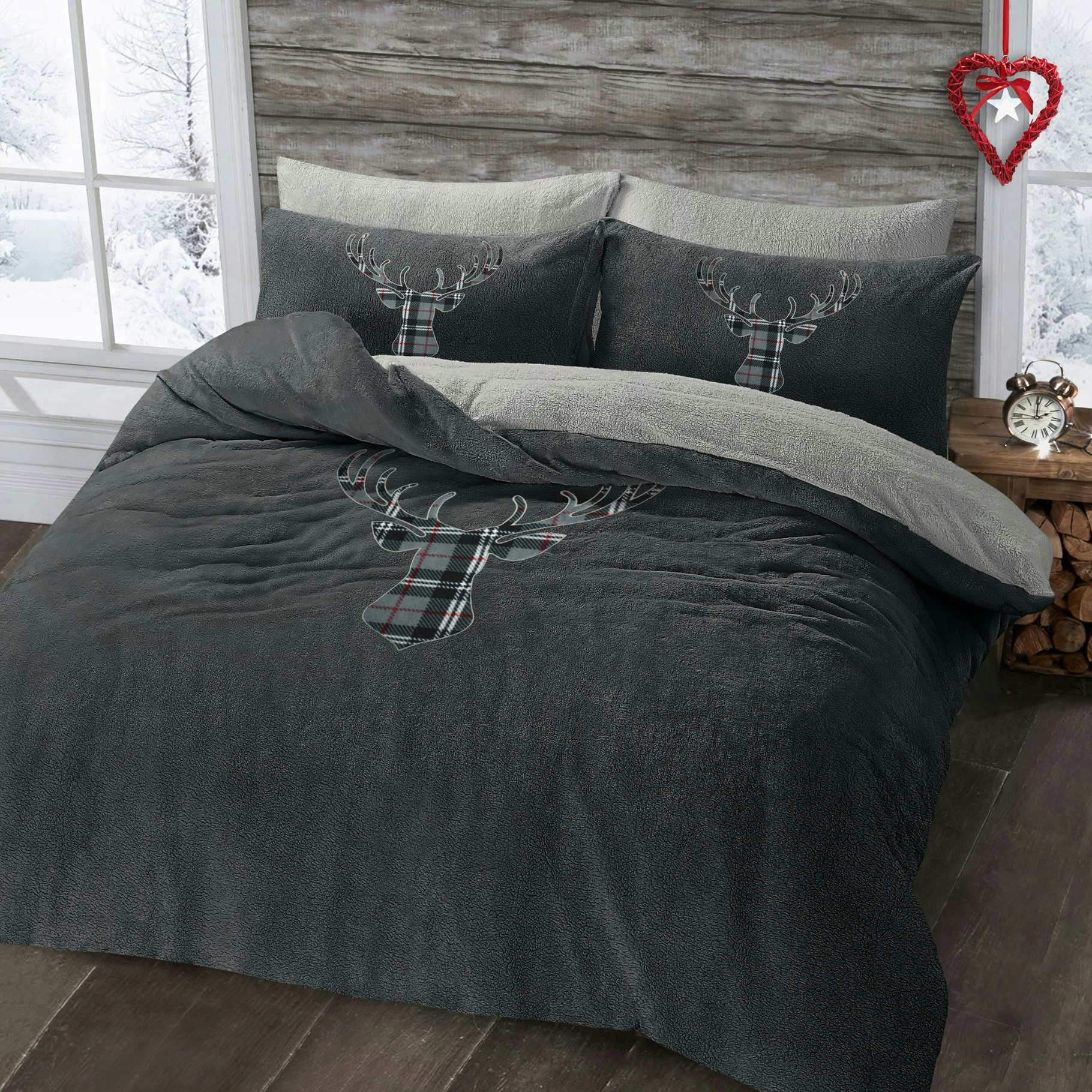 Velosso Stag Head Teddy Fluffy And Warm Fleece Duvet Cover Set - Charcoal - Single