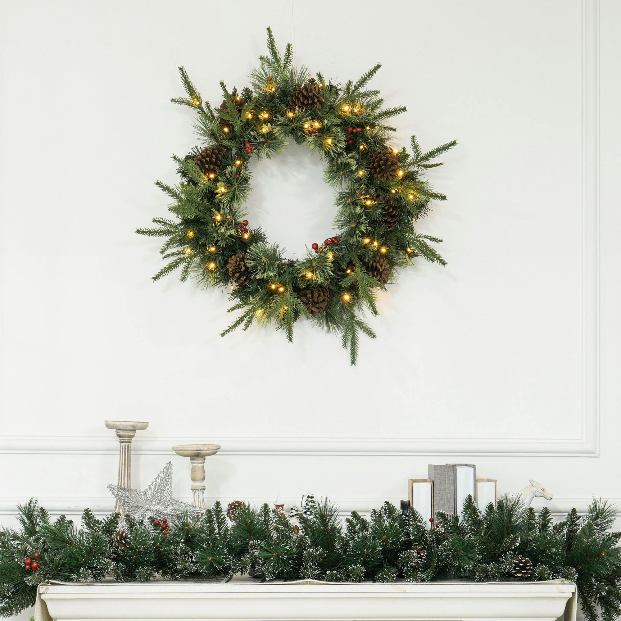 Rackhams Red/Green 60Cm Christmas Wreath With Led Lights Pine Cones Berries