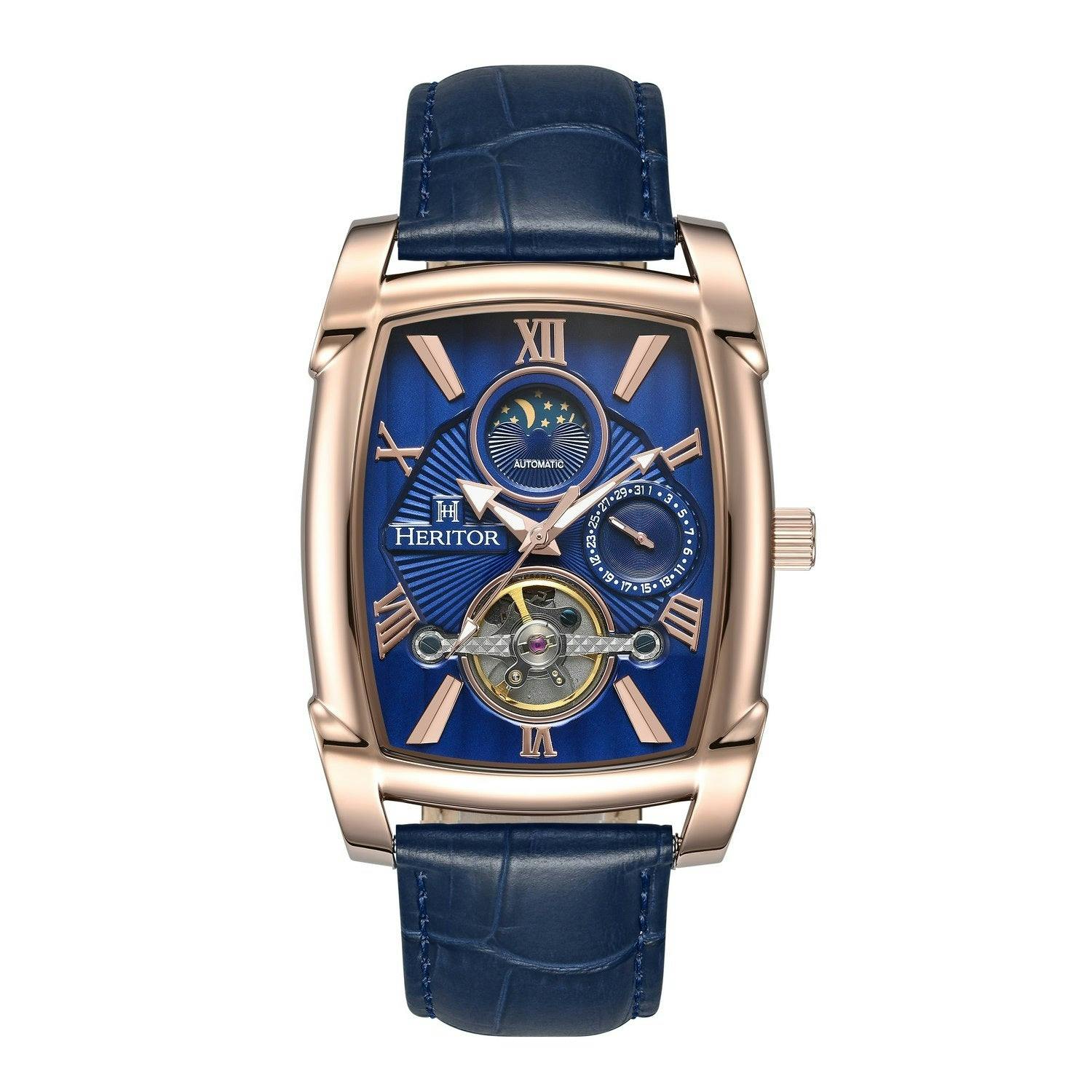 Heritor Automatic Gold/Blue Valentin Leather-Band Watch W/Date - Rose