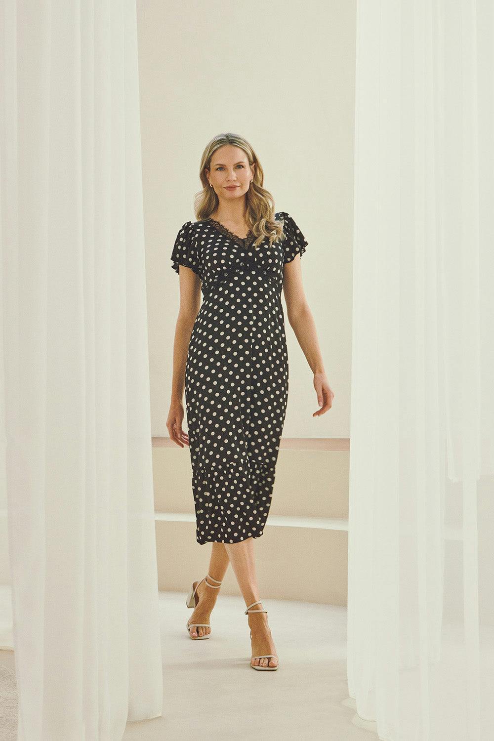 Izabel London Black Polka Dot Lace Trim Empire Midi Dress - 8