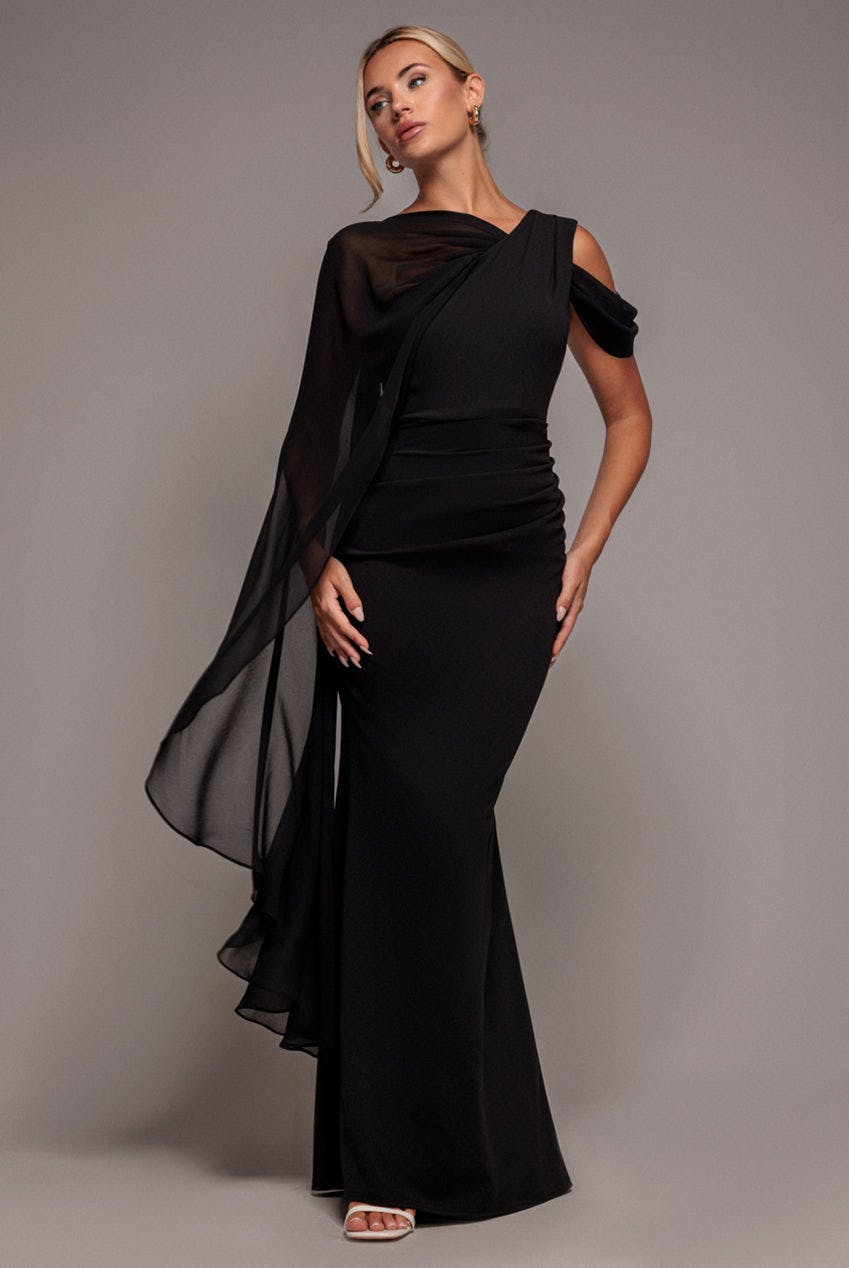 Goddiva Black One Shoulder Chiffon Cape Crepe Maxi Dress - By - 10