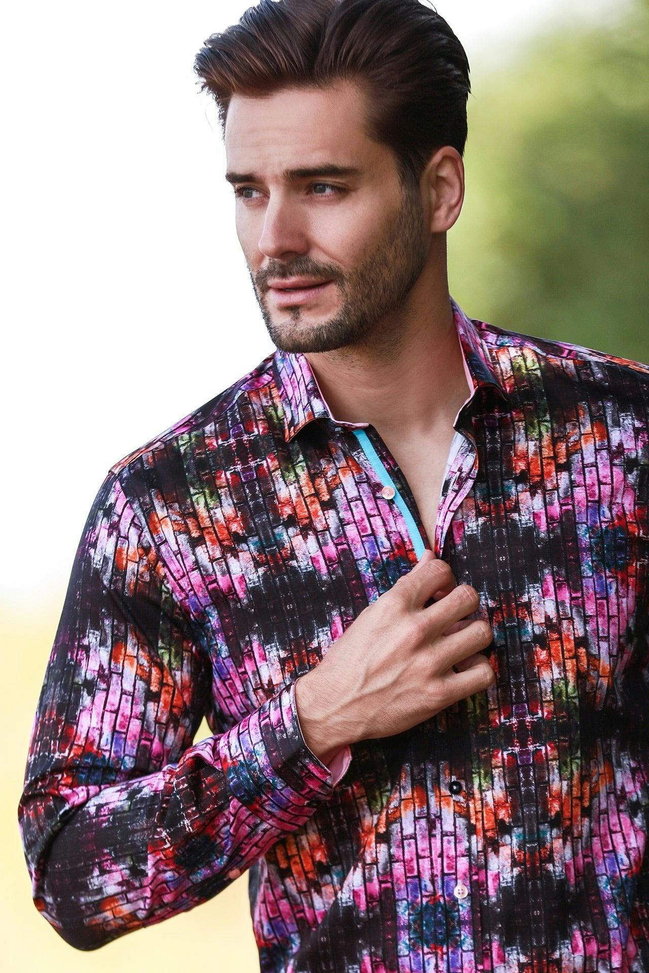 Claudio Lugli Men's Black Abstract Painted Wall Print Shirt - Medium