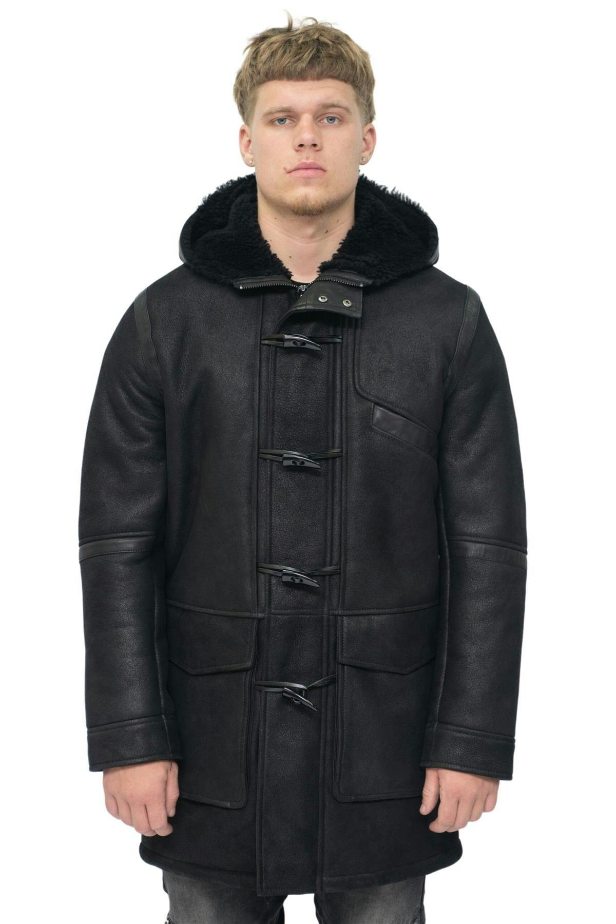 Infinity Leather Men's Black Winter Sheepskin Leather Hooded Duffle Coat-Montpellier - Uk M | Eu 48 | Us 38