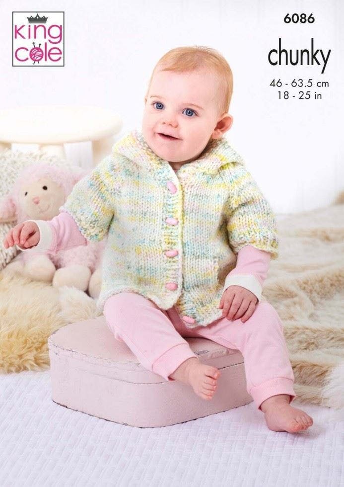 King Cole Bumble Chunky Knitting Pattern 6086, Tops, Cardigans, Hoodies For Baby, Kids, 18 - 25 Inches