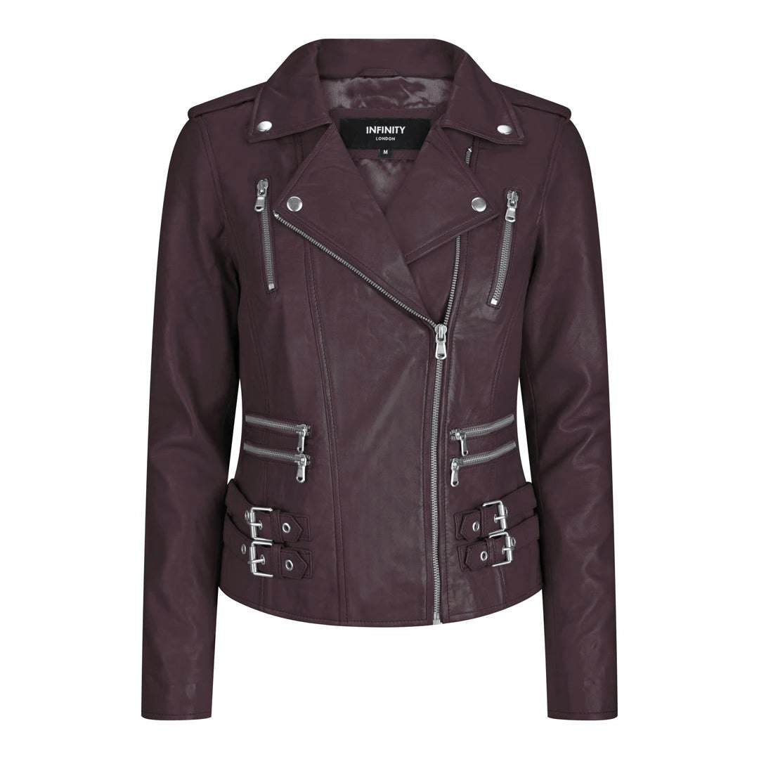 Infinity Leather Women's Burgundy Leather Company Leather Short Biker Jacket - Uk 18
