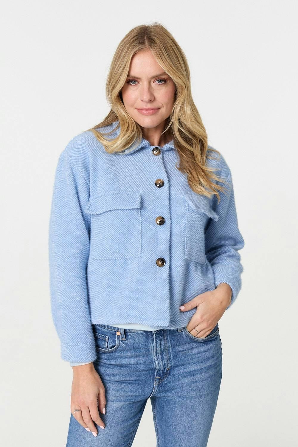 Izabel London Blue Flannel Cropped Pocket Front Shacket - 8