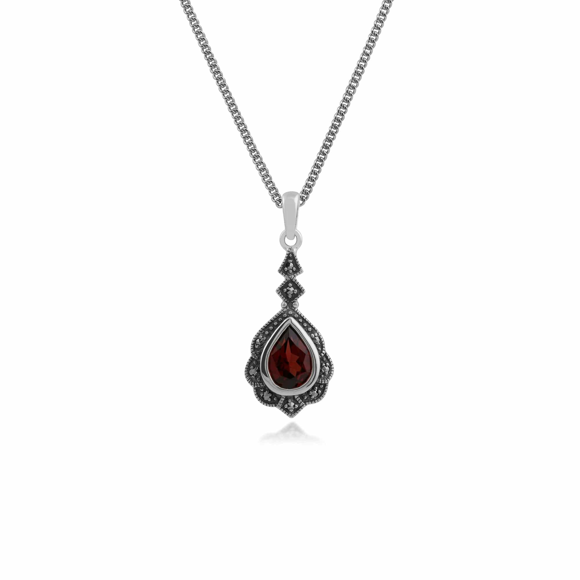 Gemondo Silver Art Nouveau Style Pear Garnet & Marcasite Leaf Pendant In 925 Sterling - Sterling Garnet & Marcasite Art Nouveau Pendant On 45Cm Chain