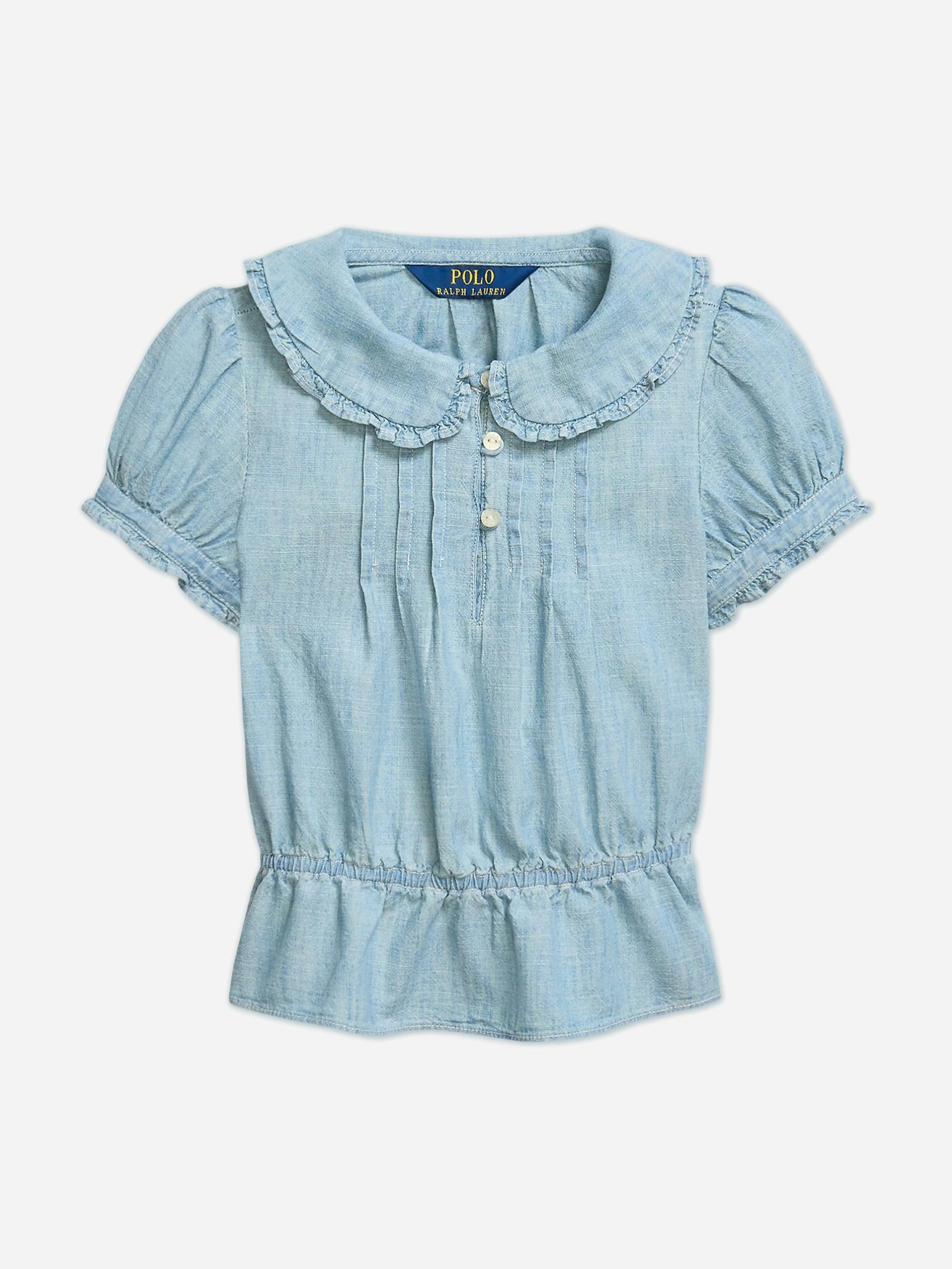 Ralph Lauren Kids Girls Blue Ralph Lauren Chambray Ruffle Blouse In - 4 Yrs