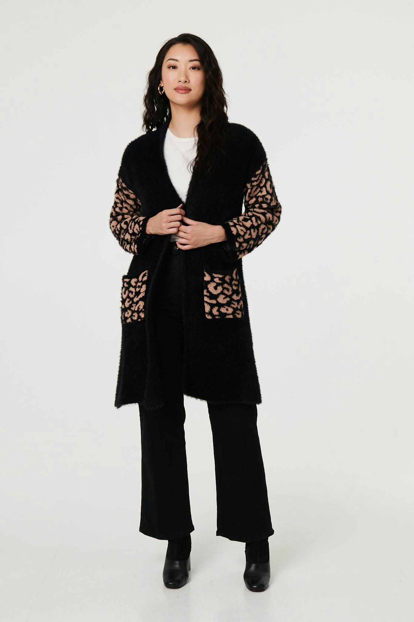 Izabel London Black Animal Print Open Longline Cardigan - M