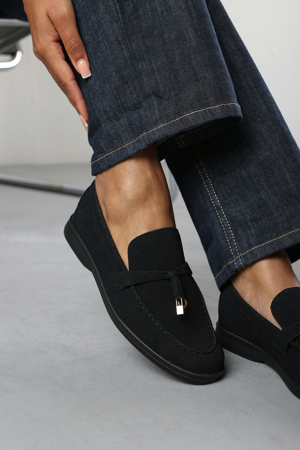 Where's That From Black Charming Slip On Suede Loafers Metal Trim Tassel In - Size 5