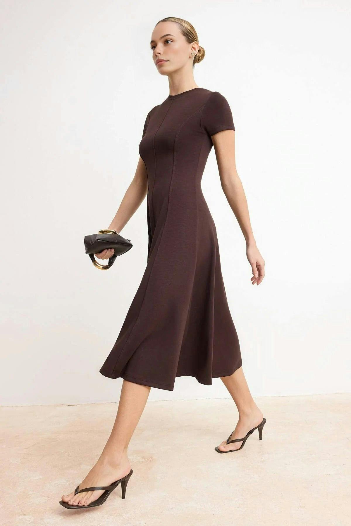 Wovcor Brown Skater Crew Neck Midi Soft Touch Knitted Dress - S