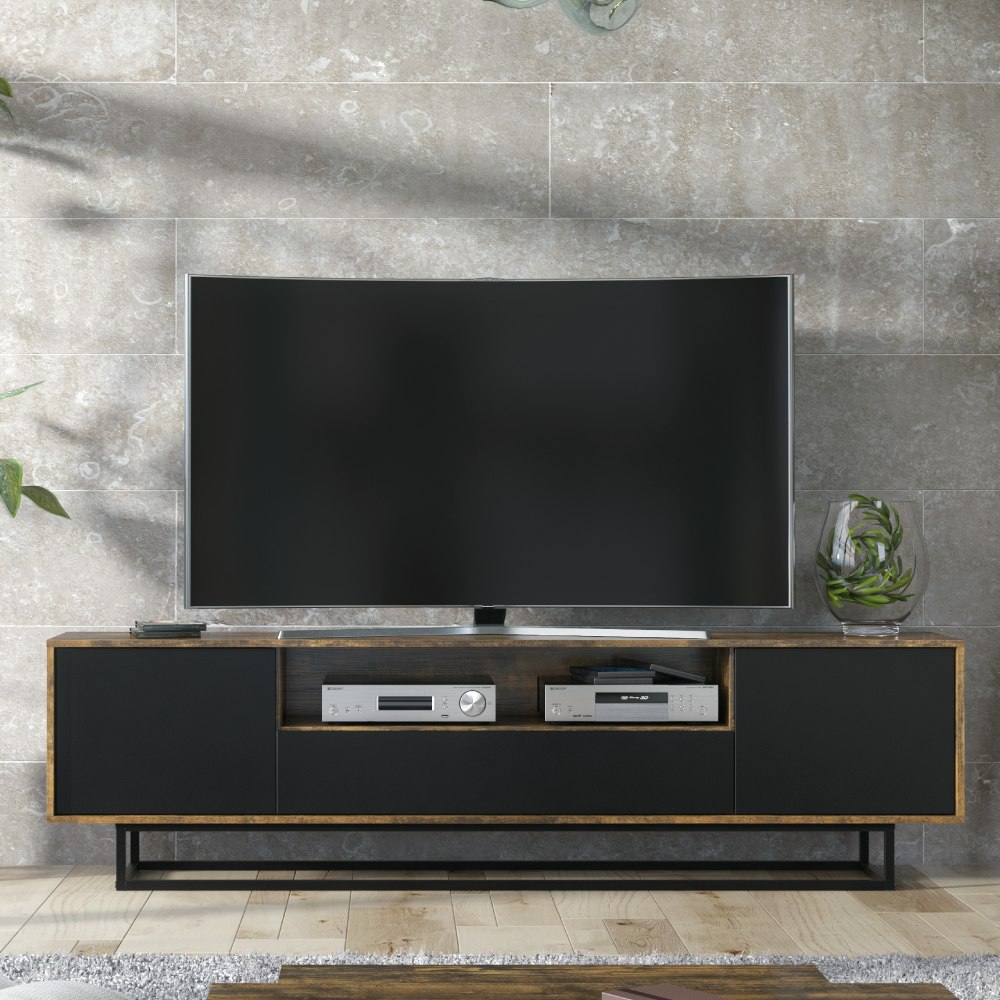 Mex Furniture Black Refined Loft Retro Industrial Tv Unit Vintage Oak Cabinet - Mdf/Chipboard - Industrial Oak 200Cm