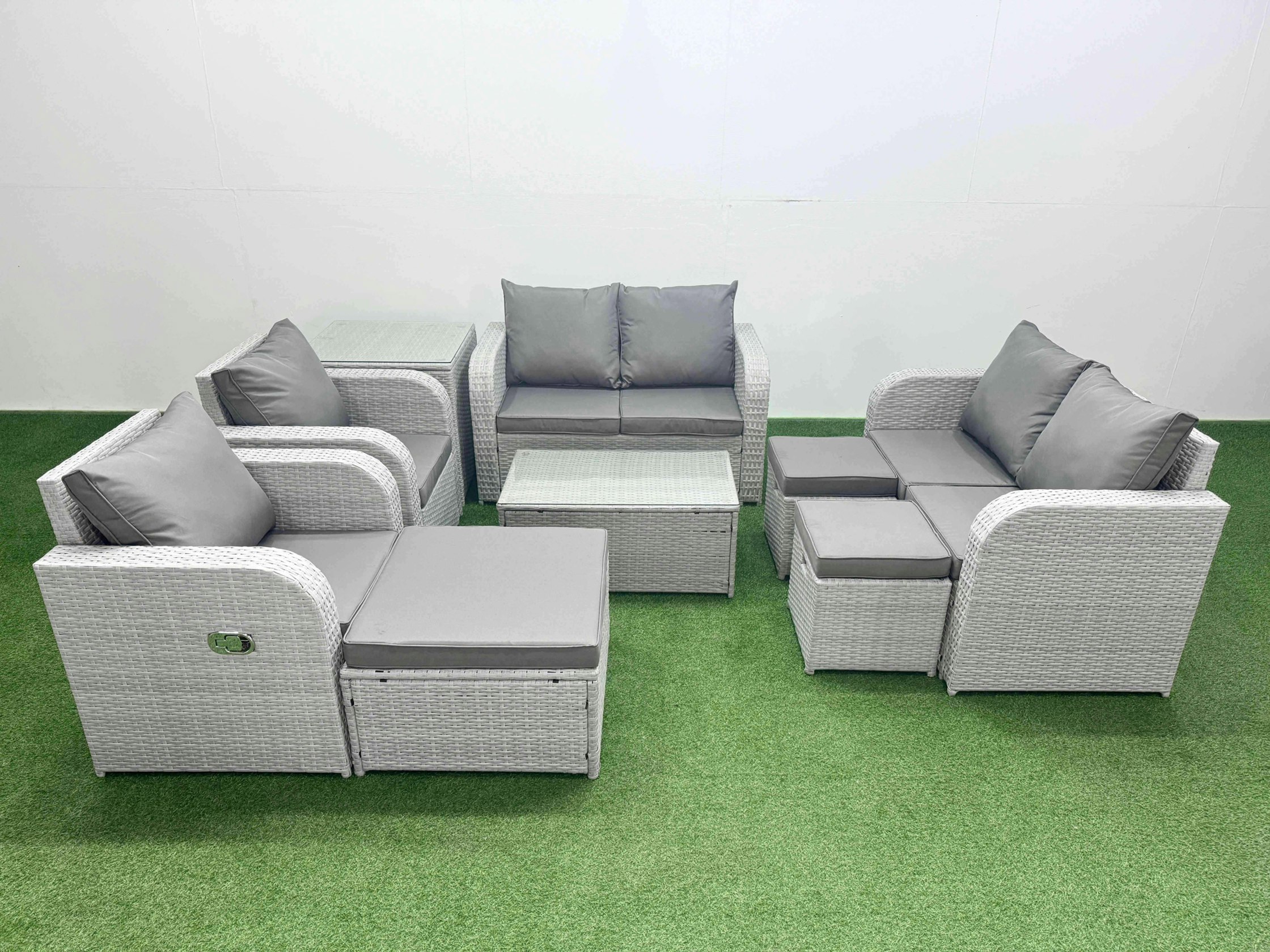 Fimous Light/Grey 9 Seater Outdoor Reclining Chair Love Sofa Set Rattan Garden Furniture Set With Rectangular Coffee Table 3 Stools Side Table